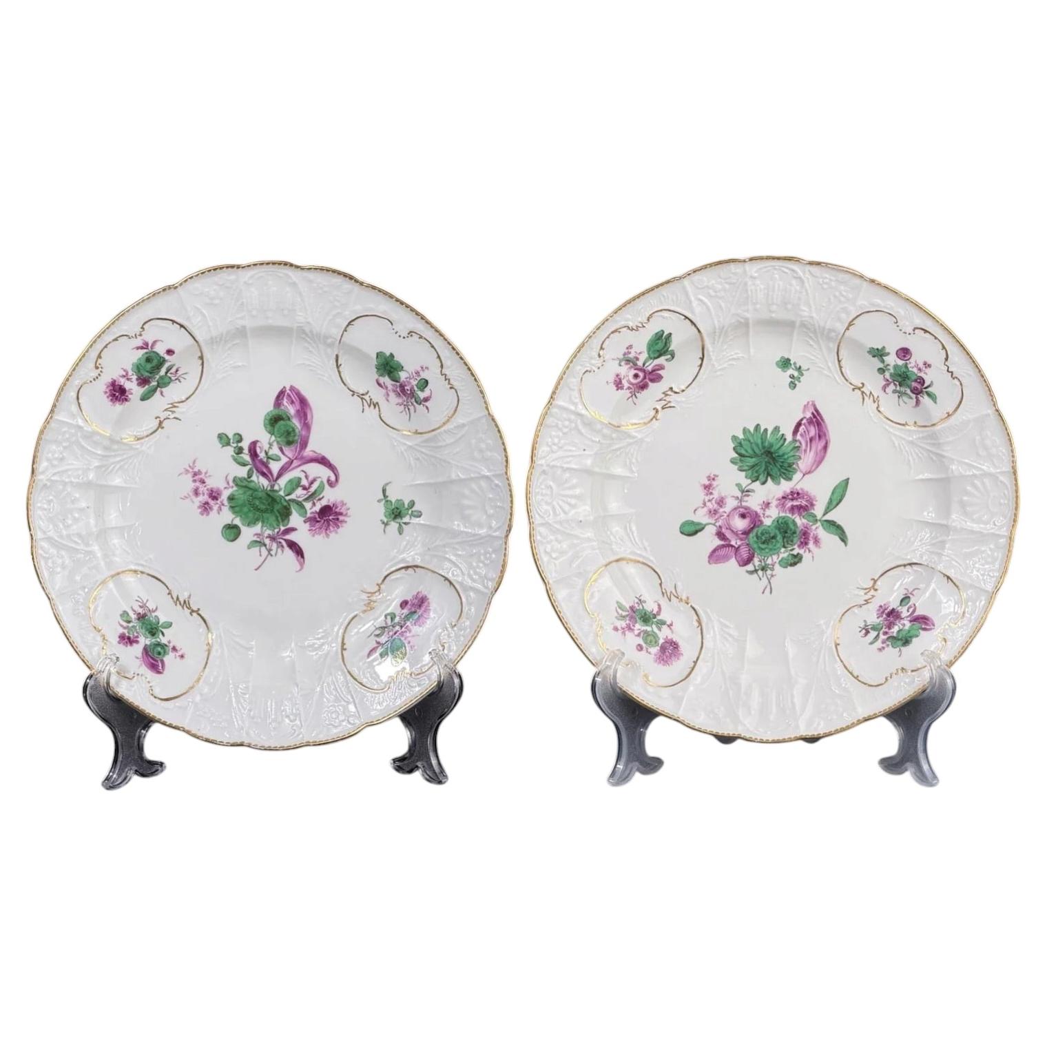 Meissen Porcelain Plates, Pair, Dulong Rococo Relief, Hand Painted Floral - 9.8”