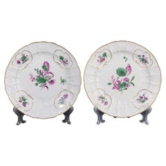 Meissen Porcelain Plates, Pair, Dulong Rococo Relief, Hand Painted Floral - 9.8”
