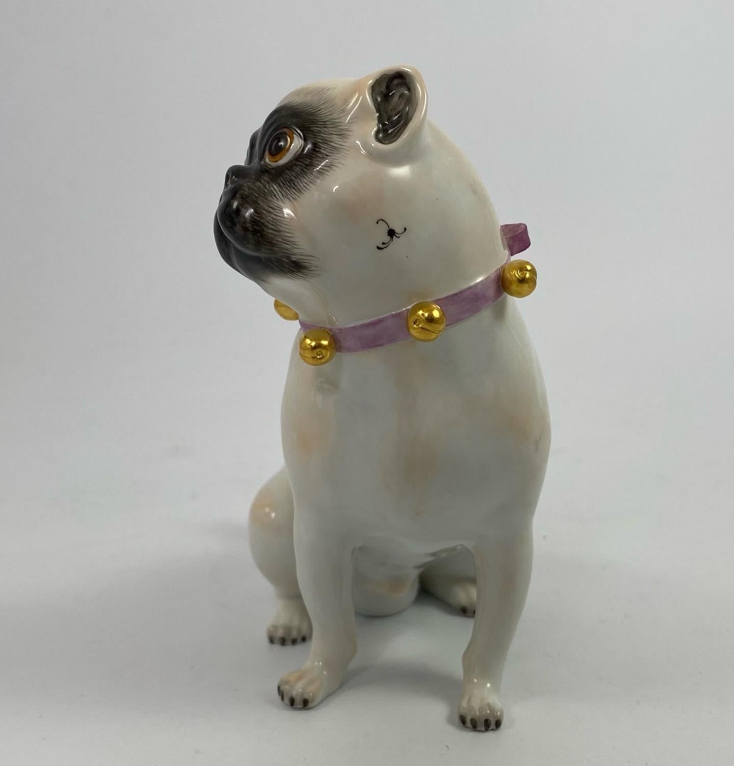 A fine Meissen porcelain pug dog, 20th Century. Modelled after the original by J.J. Kandler, the seated pug dog, wears a pink collar, tied in a bow, and hung with five gilt bells.
Crossed swords mark in underglaze blue, along with impressed model
