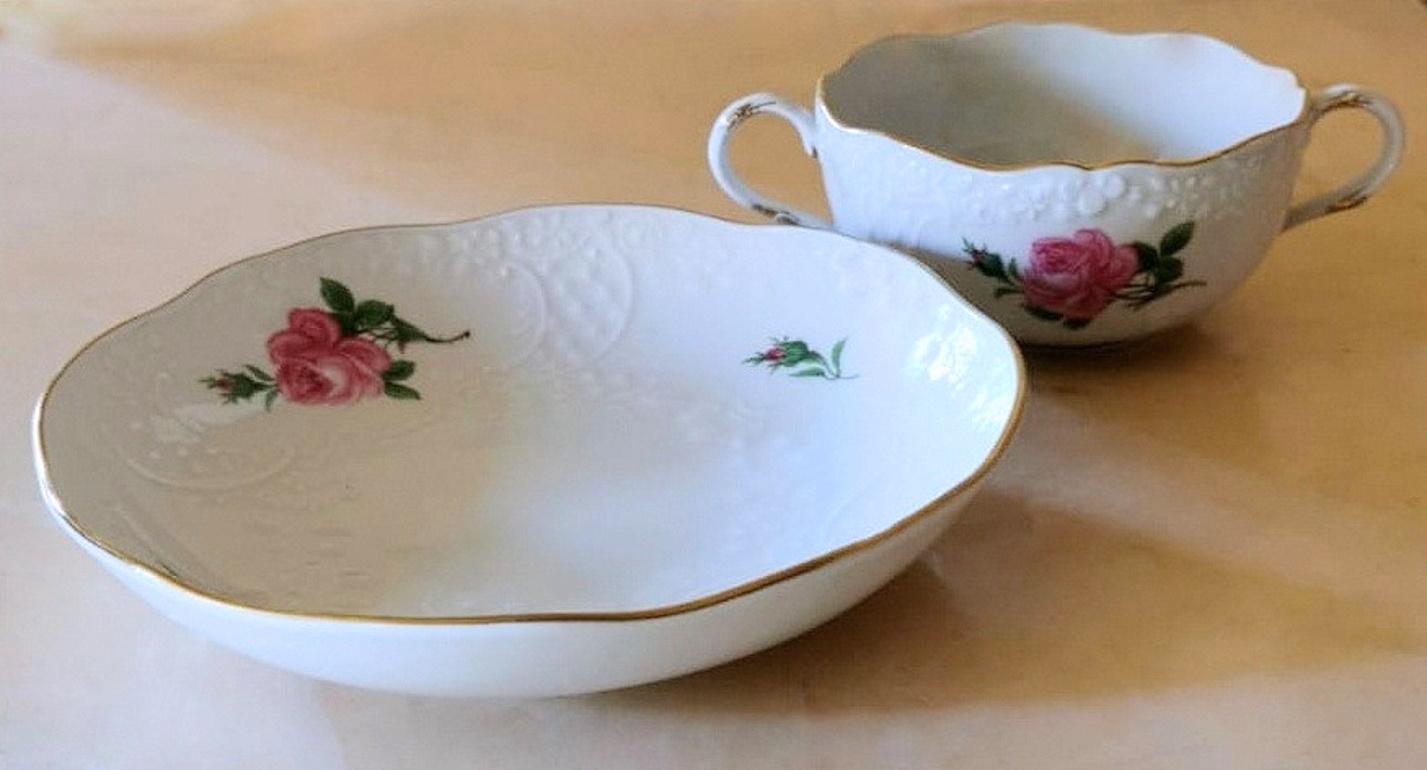 German Meissen Porcelain Rare Rose Broth Cups Service and Embossed Decorations 12 Cups For Sale