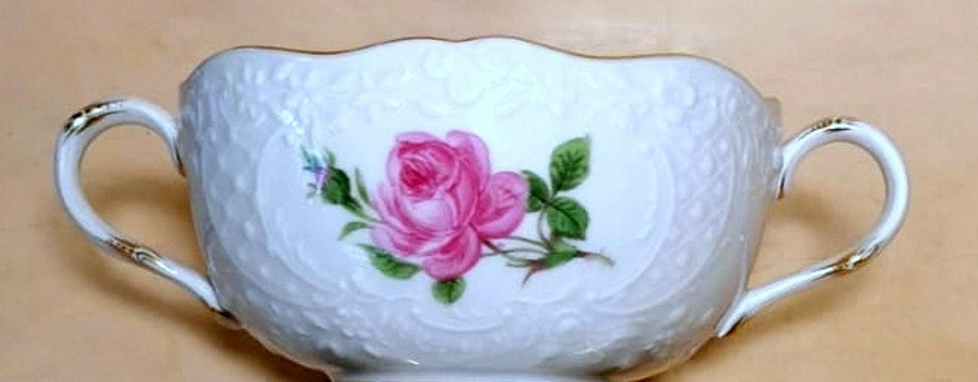 20th Century Meissen Porcelain Rare Rose Broth Cups Service and Embossed Decorations 12 Cups For Sale