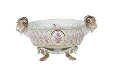 Meissen Porcelain Reticulated Centerpiece w/ Rams Heads Handles & Wreath Border