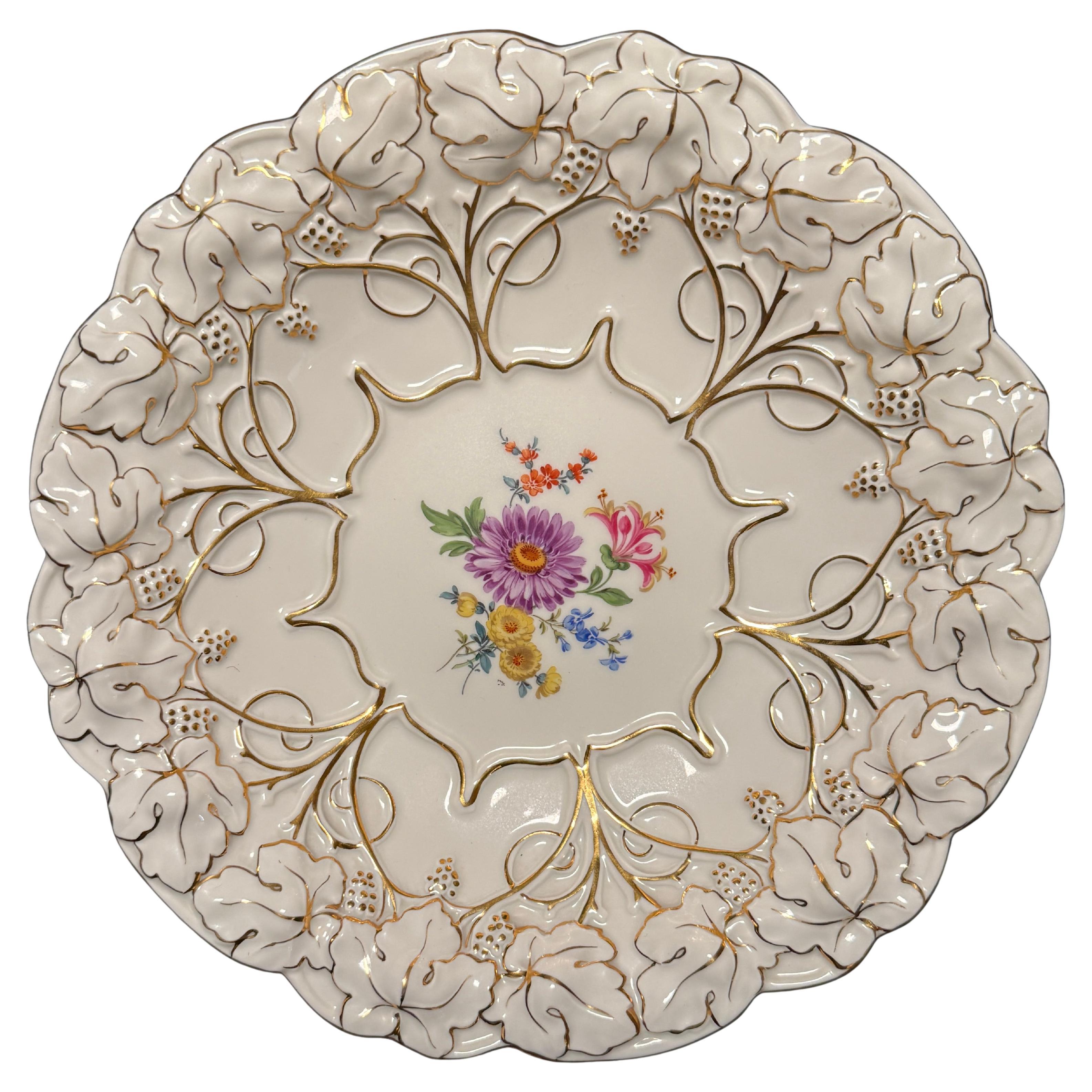 Meissen Porcelain Reticulated Plate With Hand-Painted Floral And Gilded