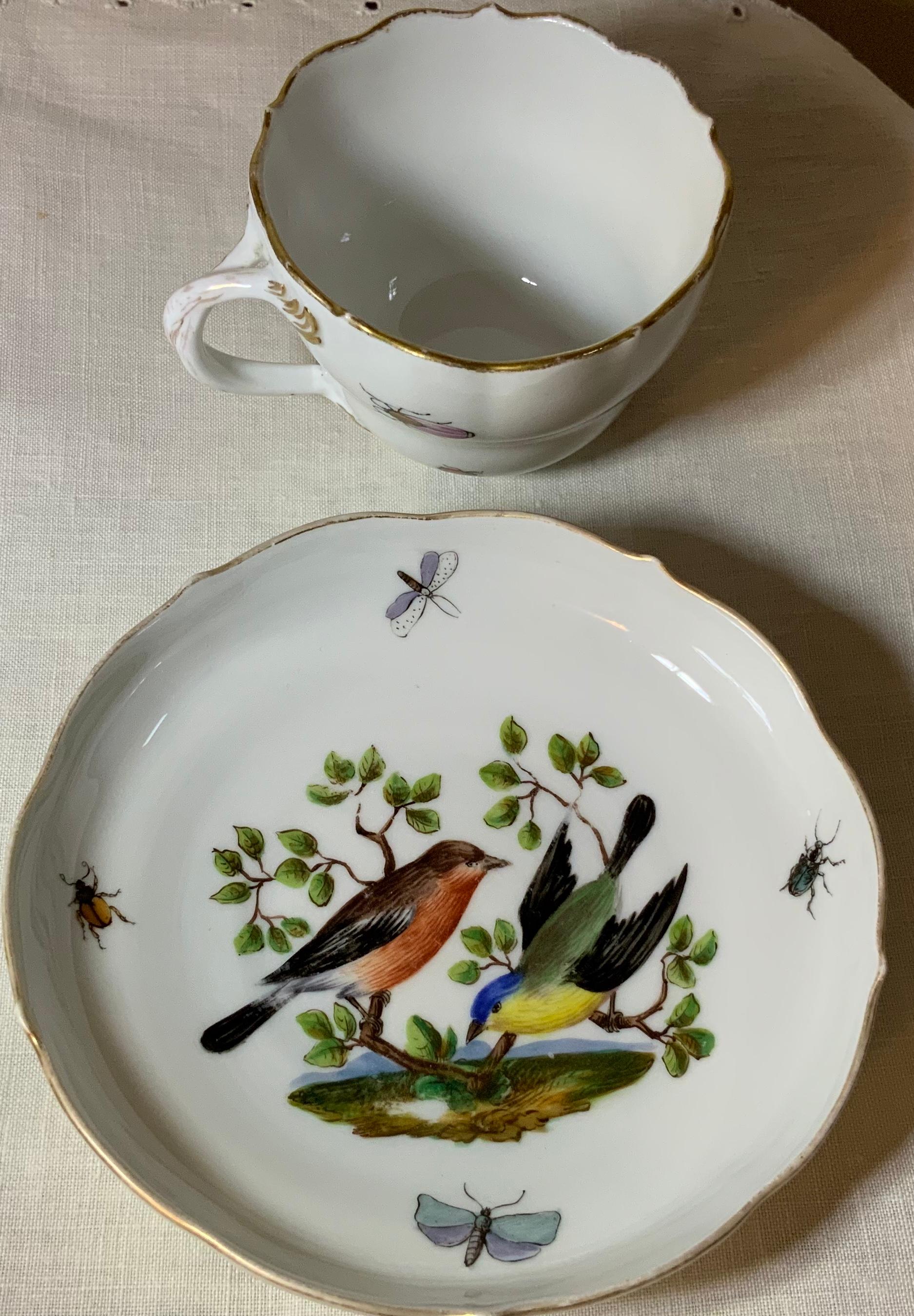 Set aus Tasse und Untertasse aus Meissener Porzellan mit Rothschild-Muster und Vögeln im Angebot 5