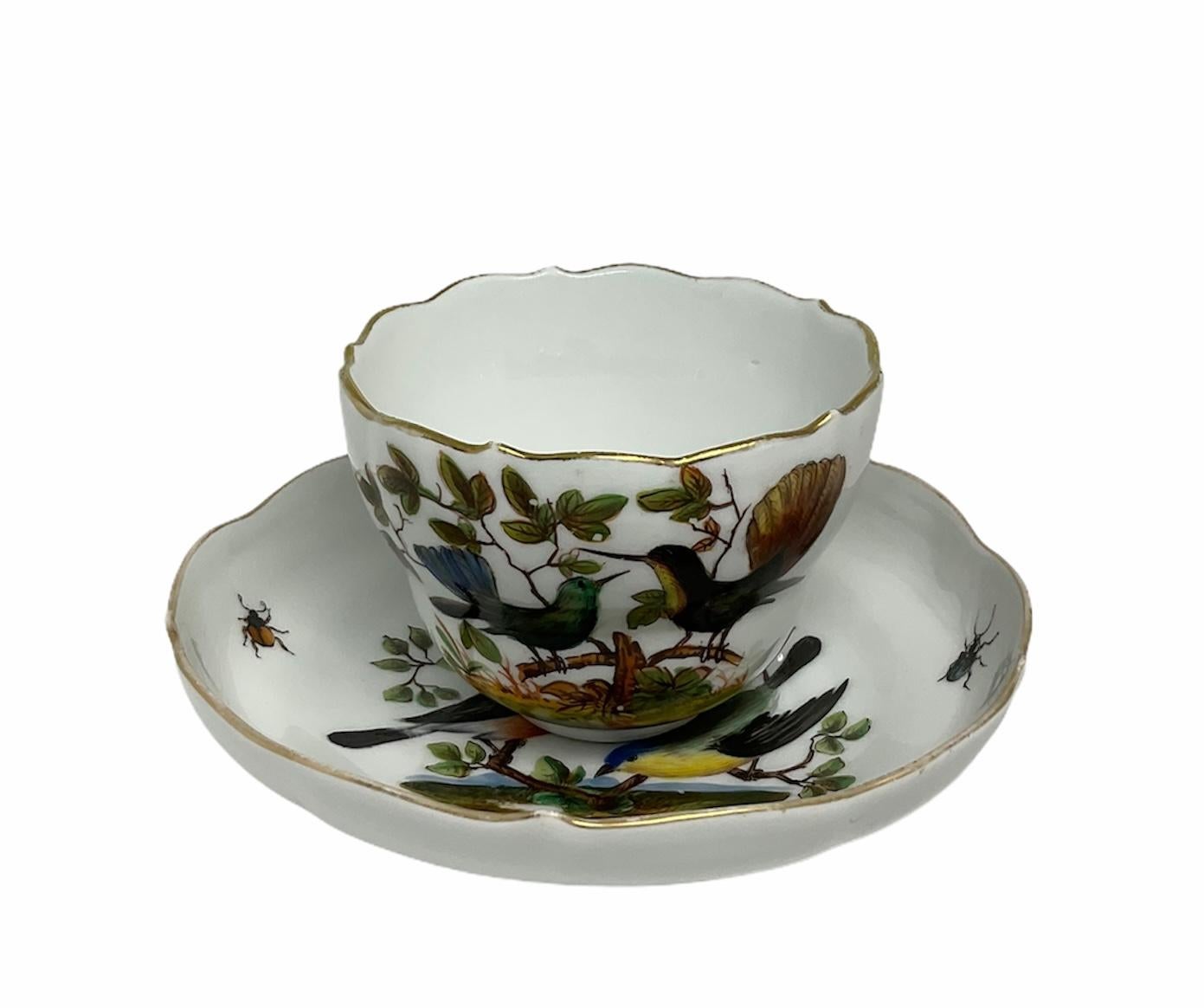This is a hand painted Meissen porcelain cup and saucer. It is featuring the Rothschild pattern birds with some insects and butterflies. The cup as well as the saucer have a gilt serpentine rim. The handle is adorned with some acanthus leaves. Below
