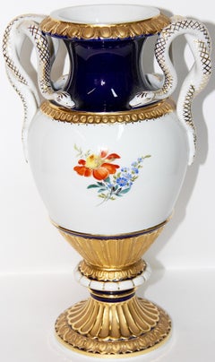 Meissen Porcelain Snakes Handle Vase, 1st Quality, Cobalt and Gold Painting