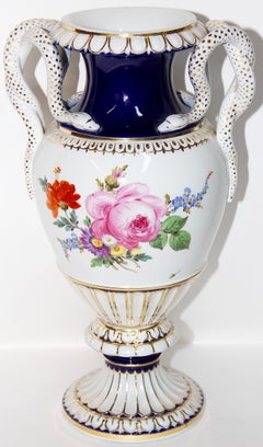 Meissen Porcelain Snakes Handle Vase, 1st Quality, Cobalt and Gold Painting