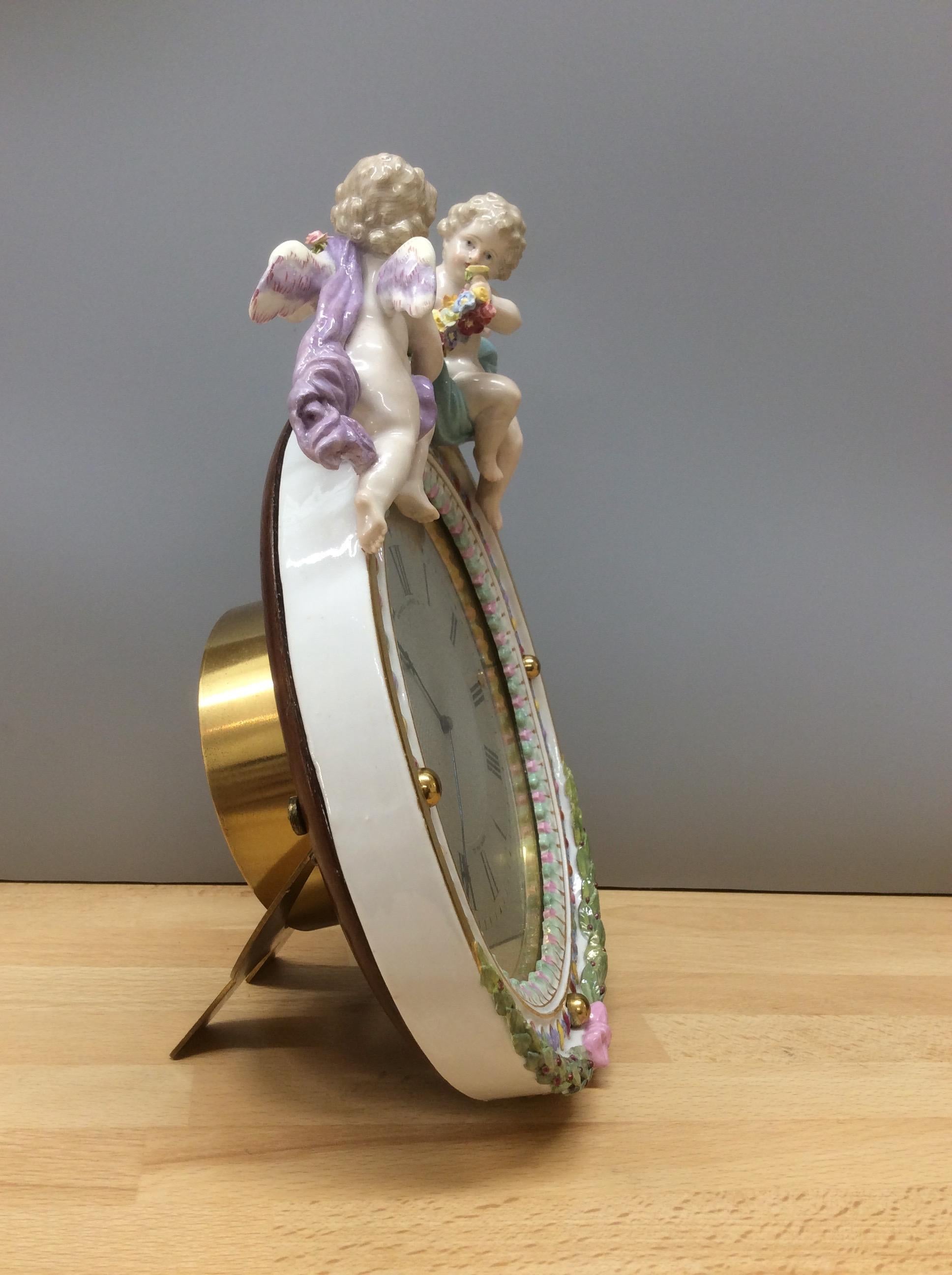 English Meissen Porcelain Strut Mantel Clock For Sale