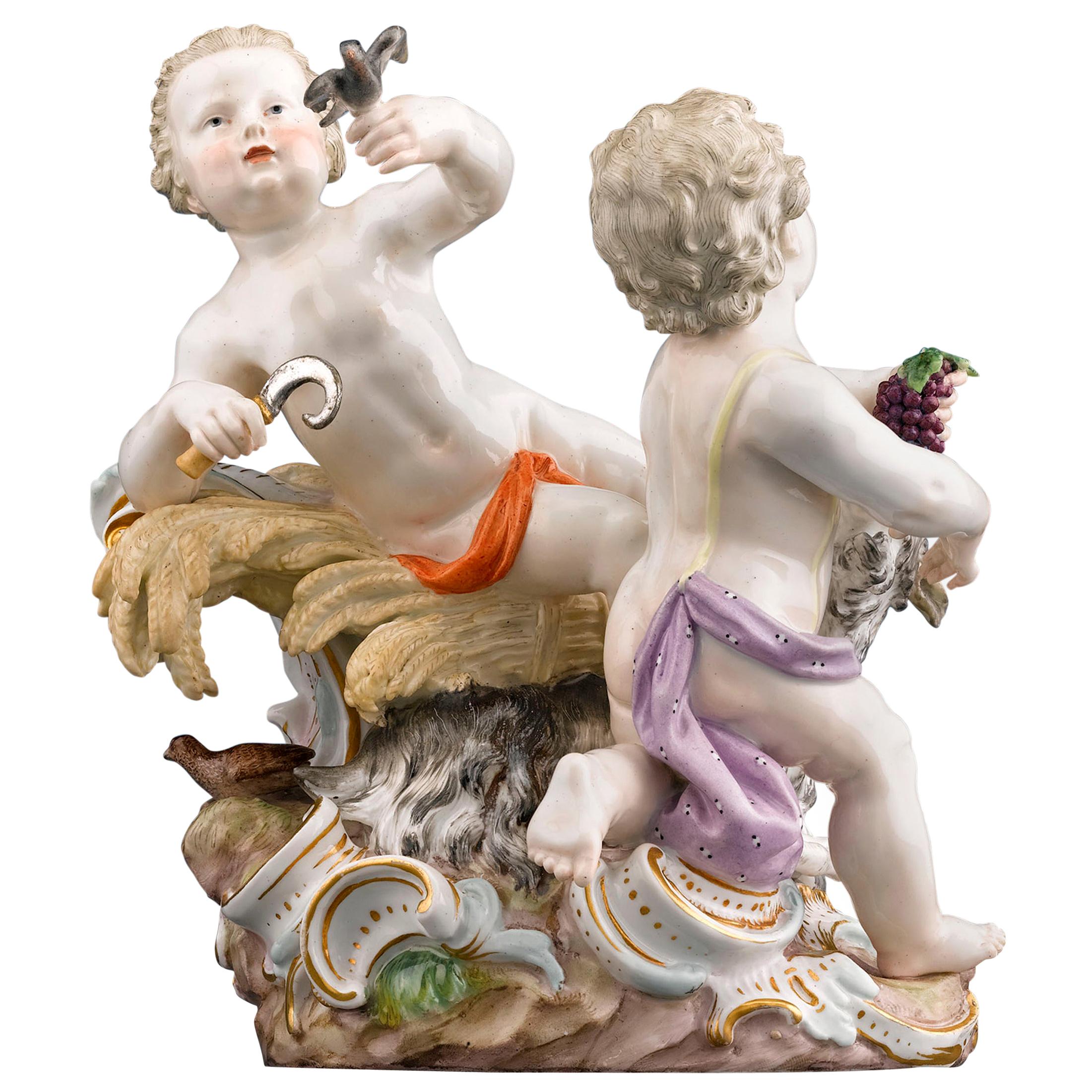 Grupo de figuras de verano y otoño de Meissen Porcelain
