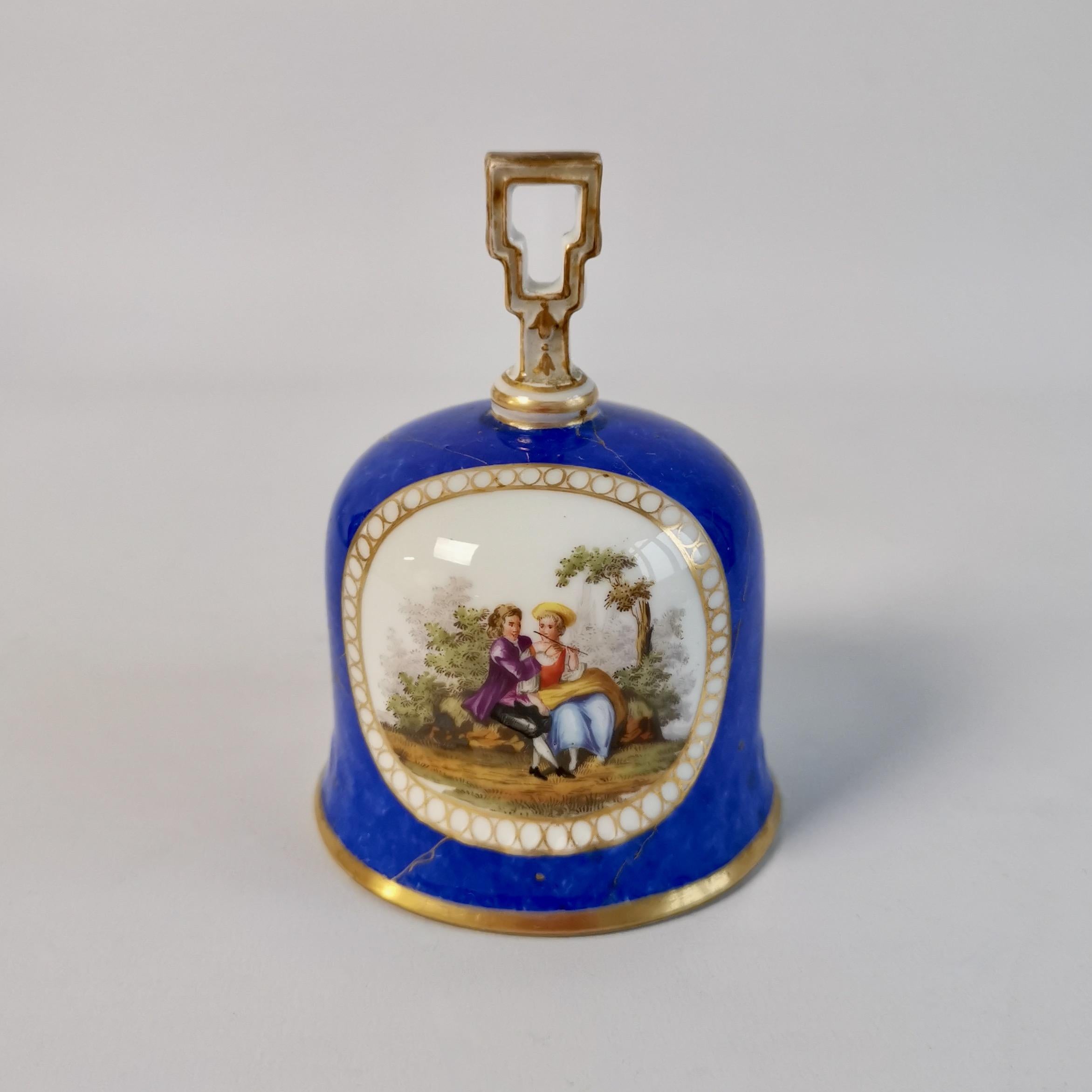 German Meissen Porcelain Table Bell, Blue with Romantic Scenes, 19th C