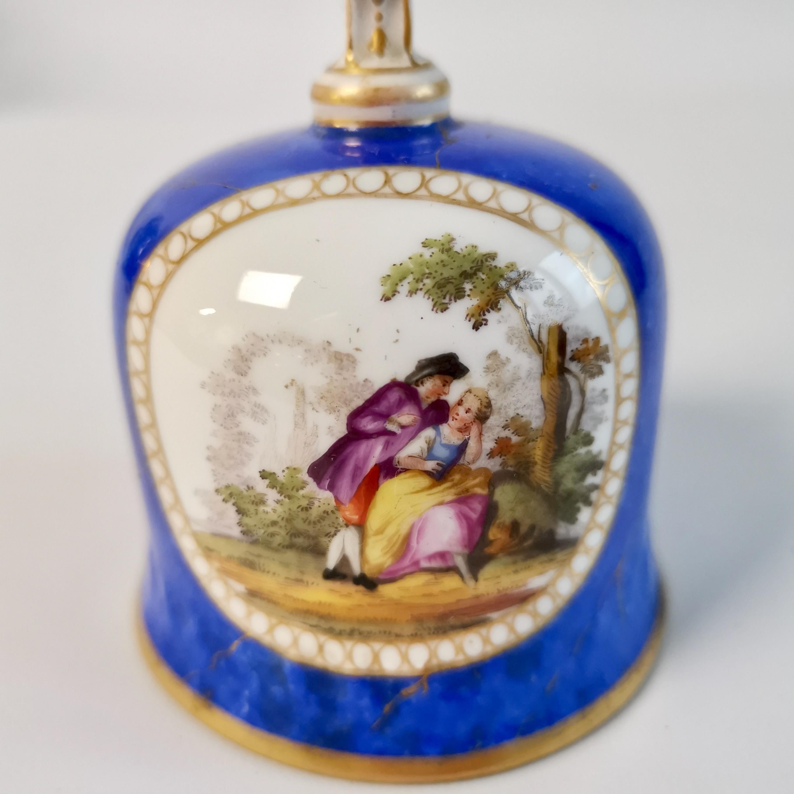 19th Century Meissen Porcelain Table Bell, Blue with Romantic Scenes, 19th C