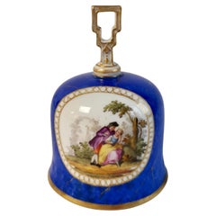 Antique Meissen Porcelain Table Bell, Blue with Romantic Scenes, 19th C