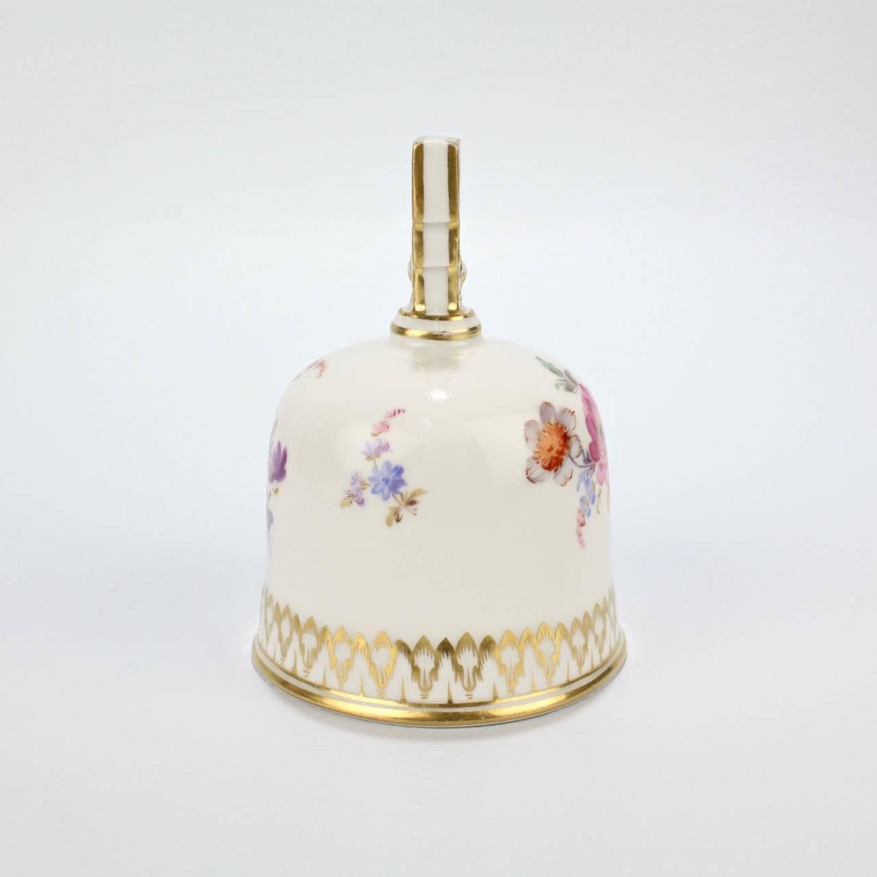 German Meissen Porcelain Table Bell with Hand-Painted Dresden Flowers Decoration