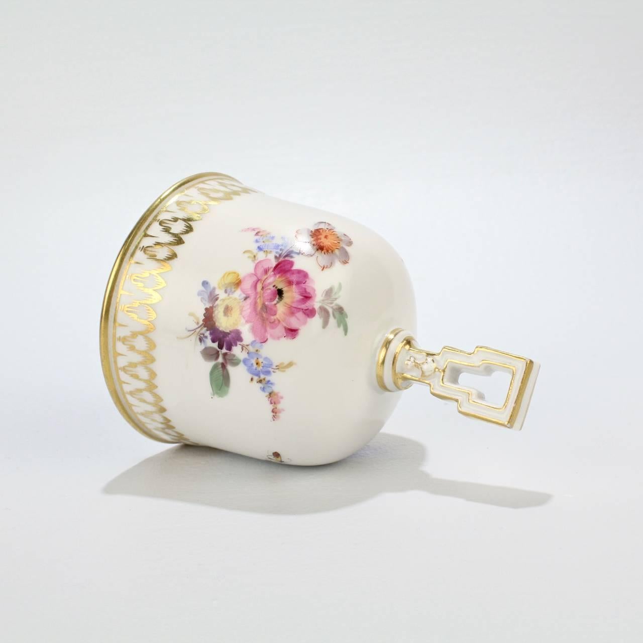 20th Century Meissen Porcelain Table Bell with Hand-Painted Dresden Flowers Decoration