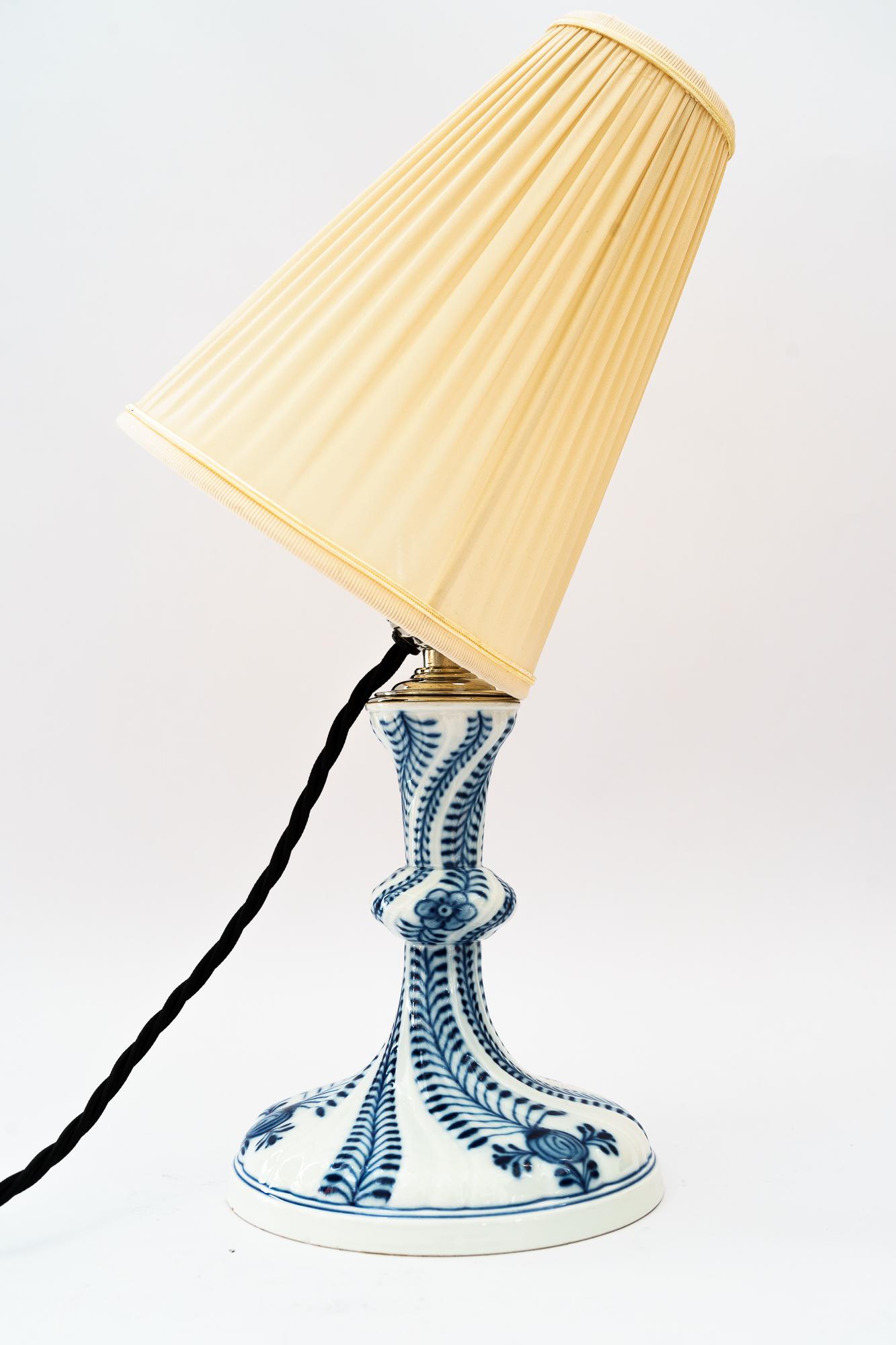Plated Meissen porcelain table lamp with fabric shade germany around 1950s For Sale
