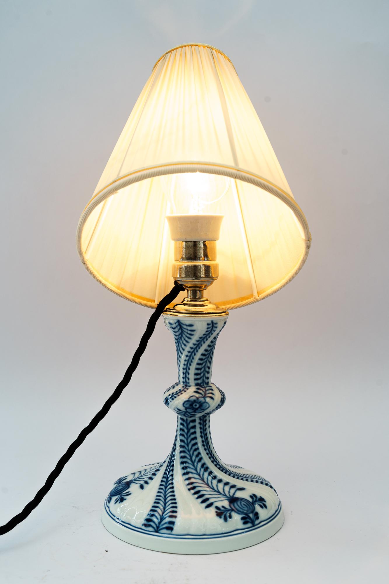 Porcelain Meissen porcelain table lamp with fabric shade germany around 1950s For Sale