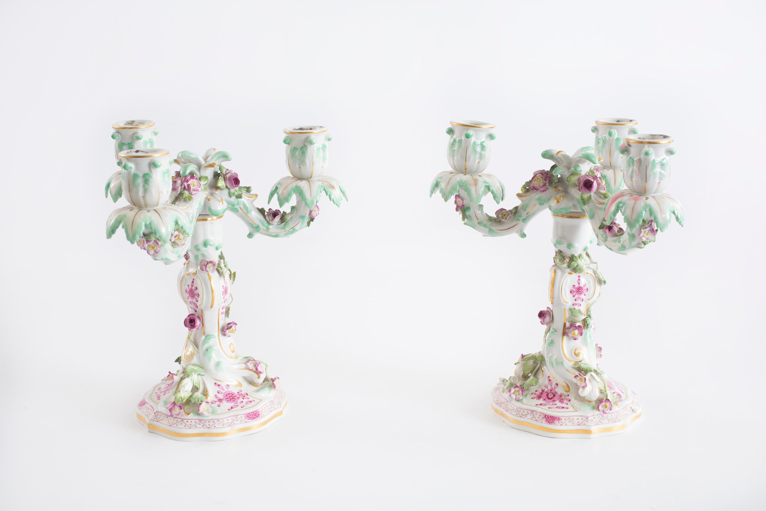 German Meissen Porcelain Three Arms Candle Holder