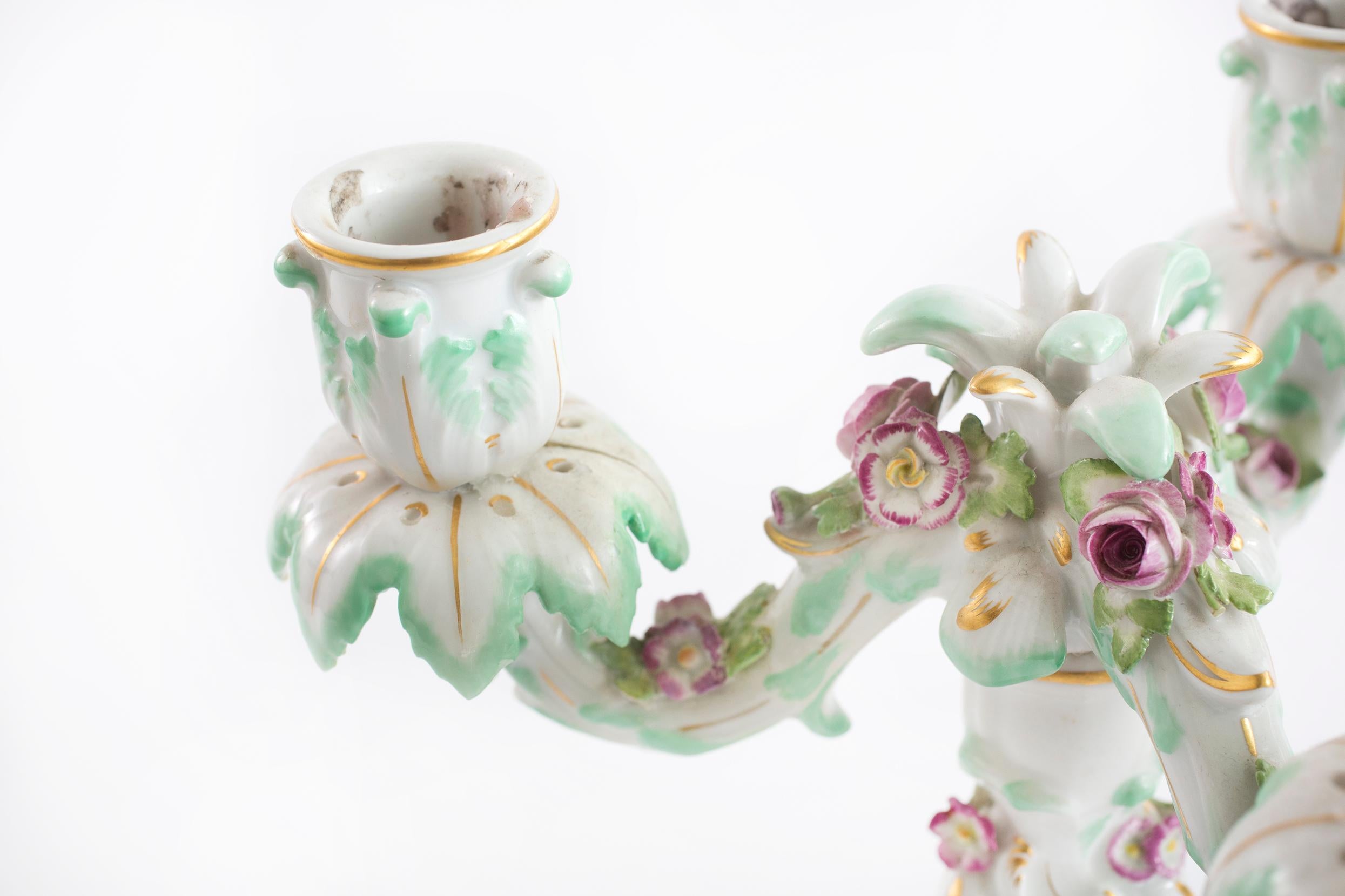 Glazed Meissen Porcelain Three Arms Candle Holder