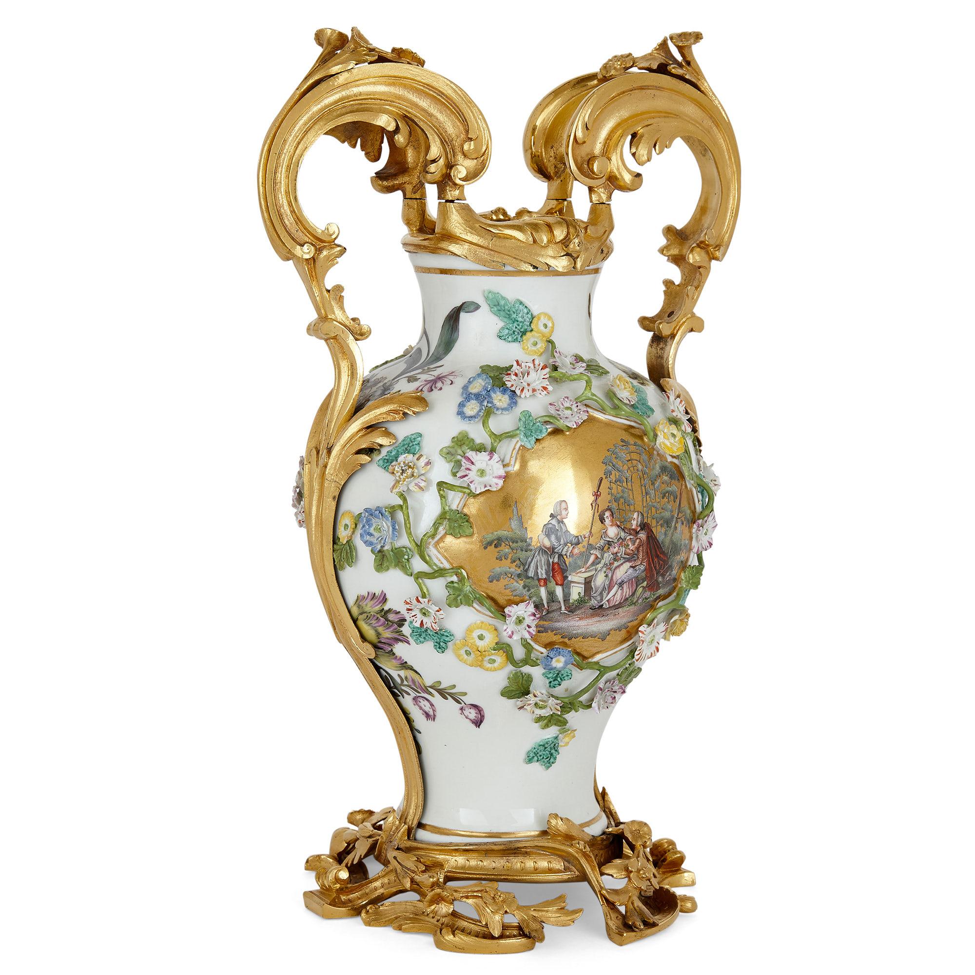 Rococo Meissen Porcelain Three-Vase Garniture with Ormolu Mounts For Sale