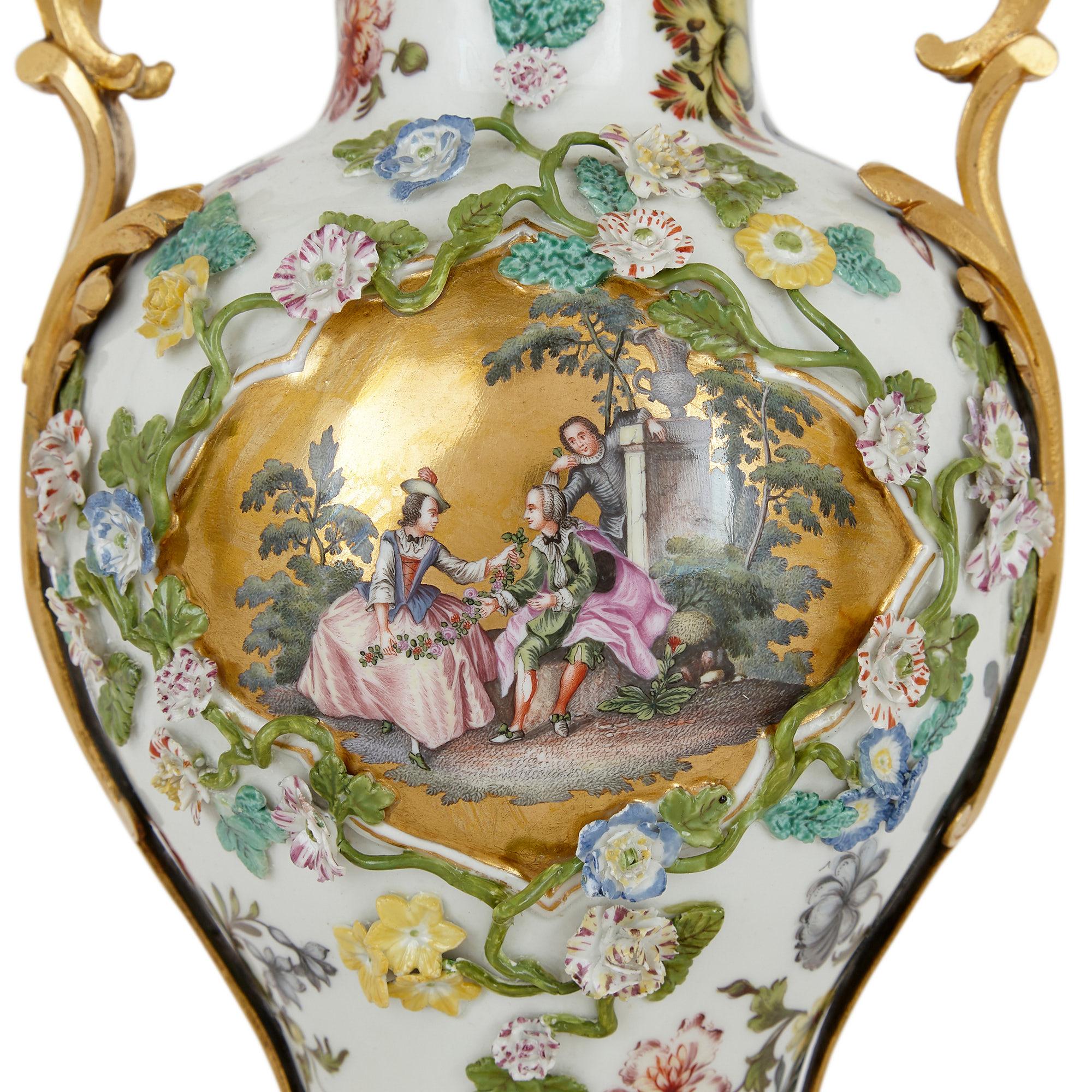 French Meissen Porcelain Three-Vase Garniture with Ormolu Mounts For Sale