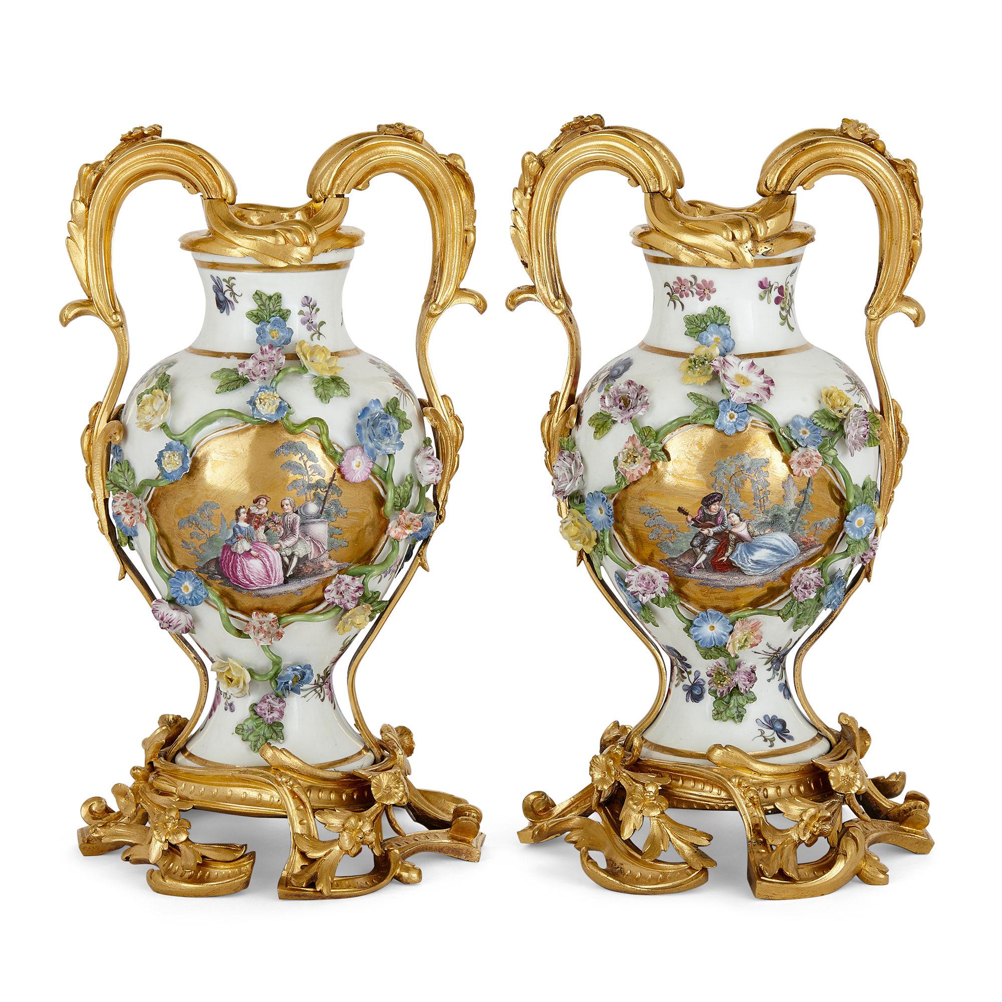Gilt Meissen Porcelain Three-Vase Garniture with Ormolu Mounts For Sale