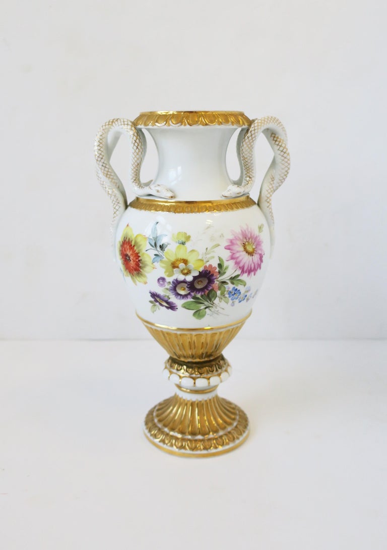 German Meissen Porcelain Urn White and Gold with Amphora Snake Handles For Sale