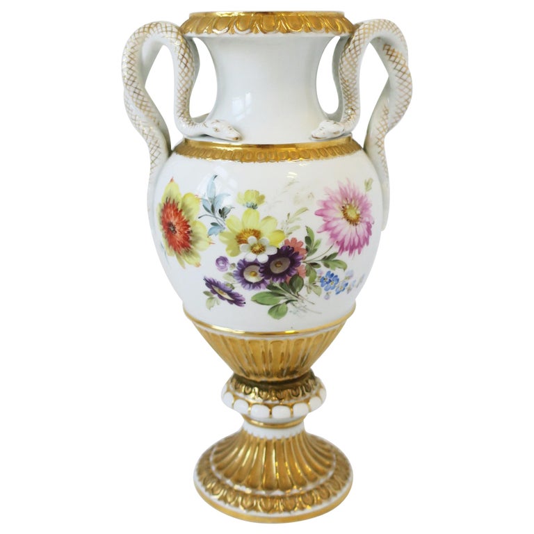 Meissen Porcelain Urn White and Gold with Amphora Snake Handles For Sale