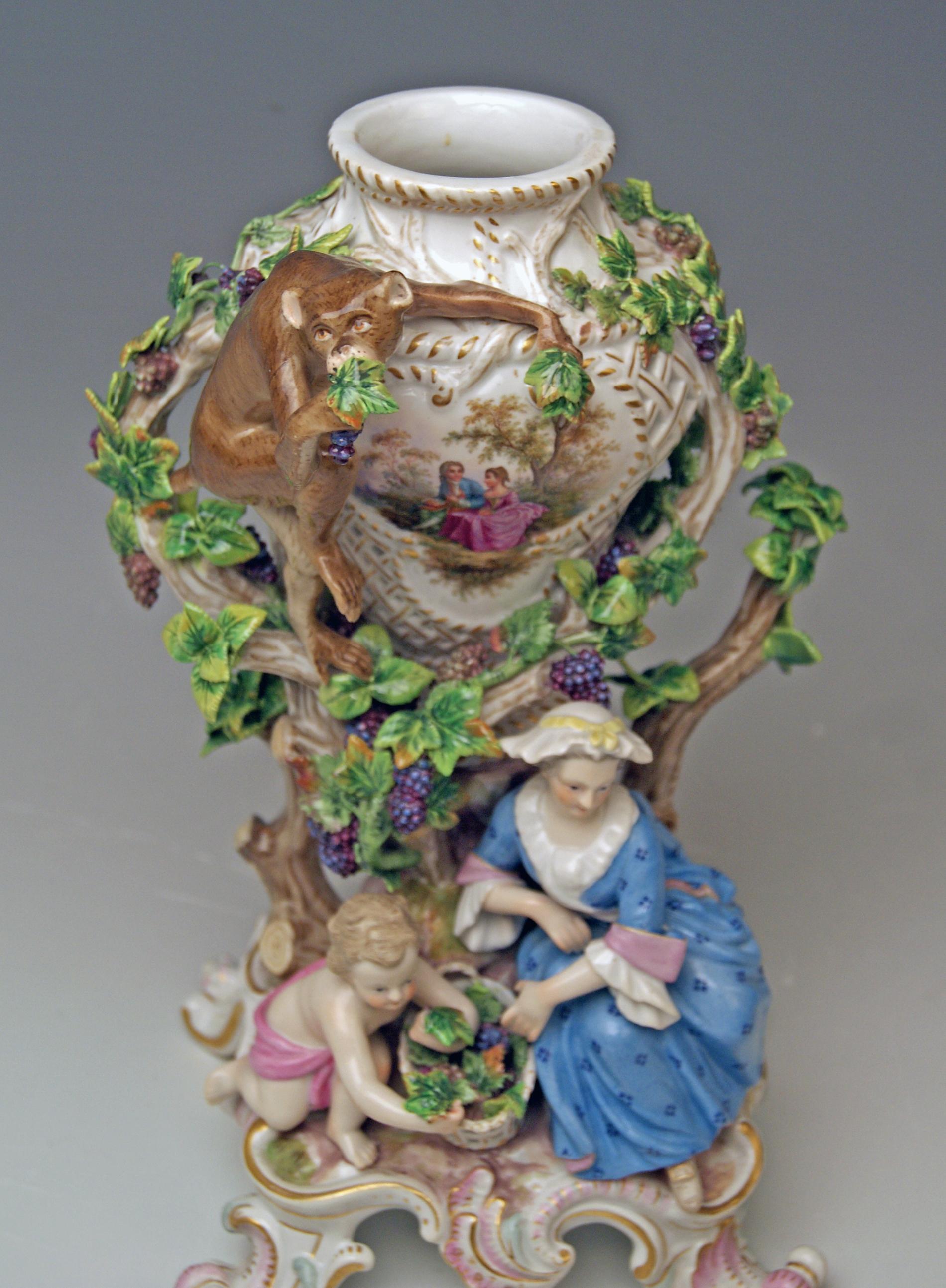 German Meissen Potpourri Vase Wine Grapes Monkey Model 1002 by Eberlein Made circa 1860 For Sale