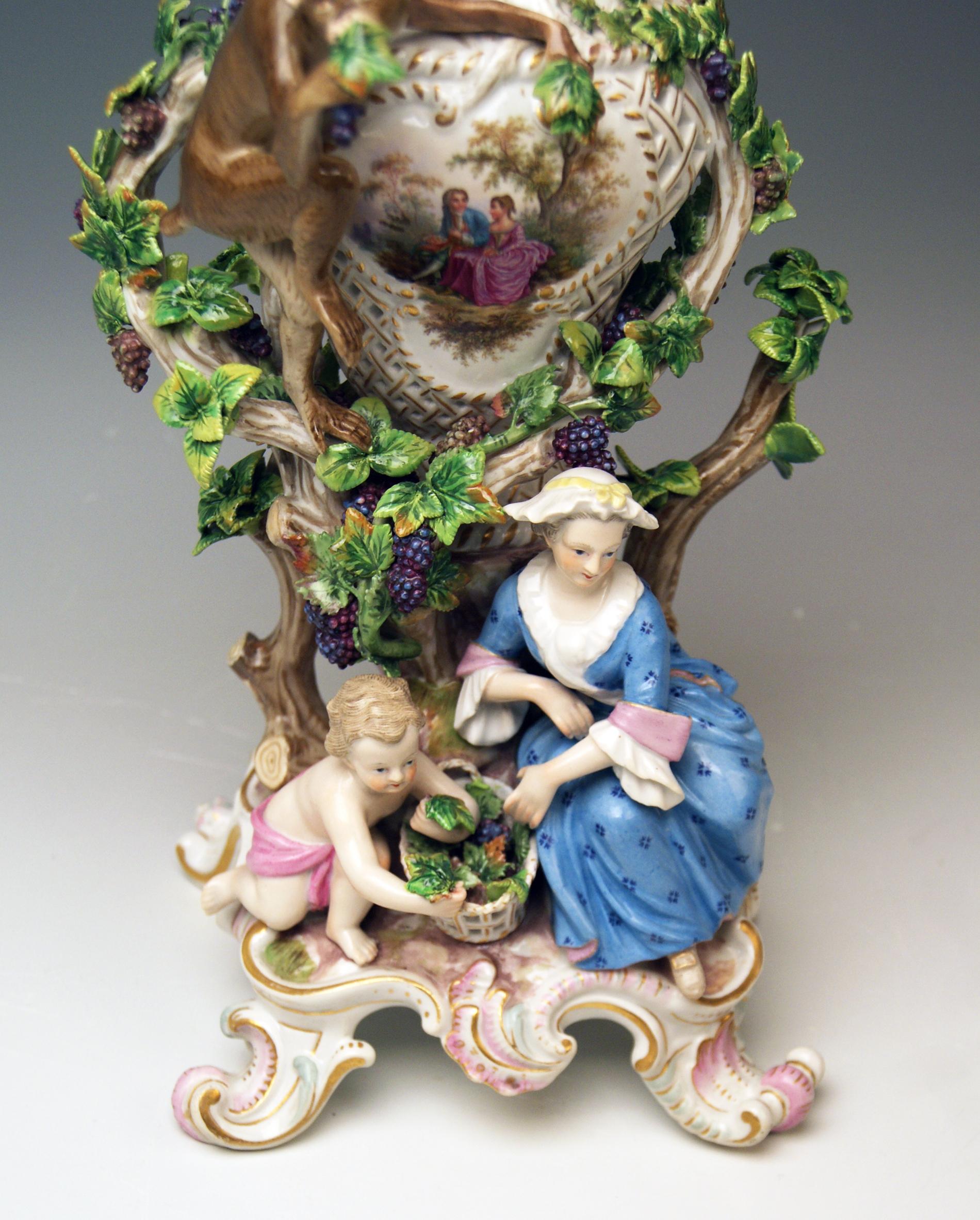 Painted Meissen Potpourri Vase Wine Grapes Monkey Model 1002 by Eberlein Made circa 1860 For Sale