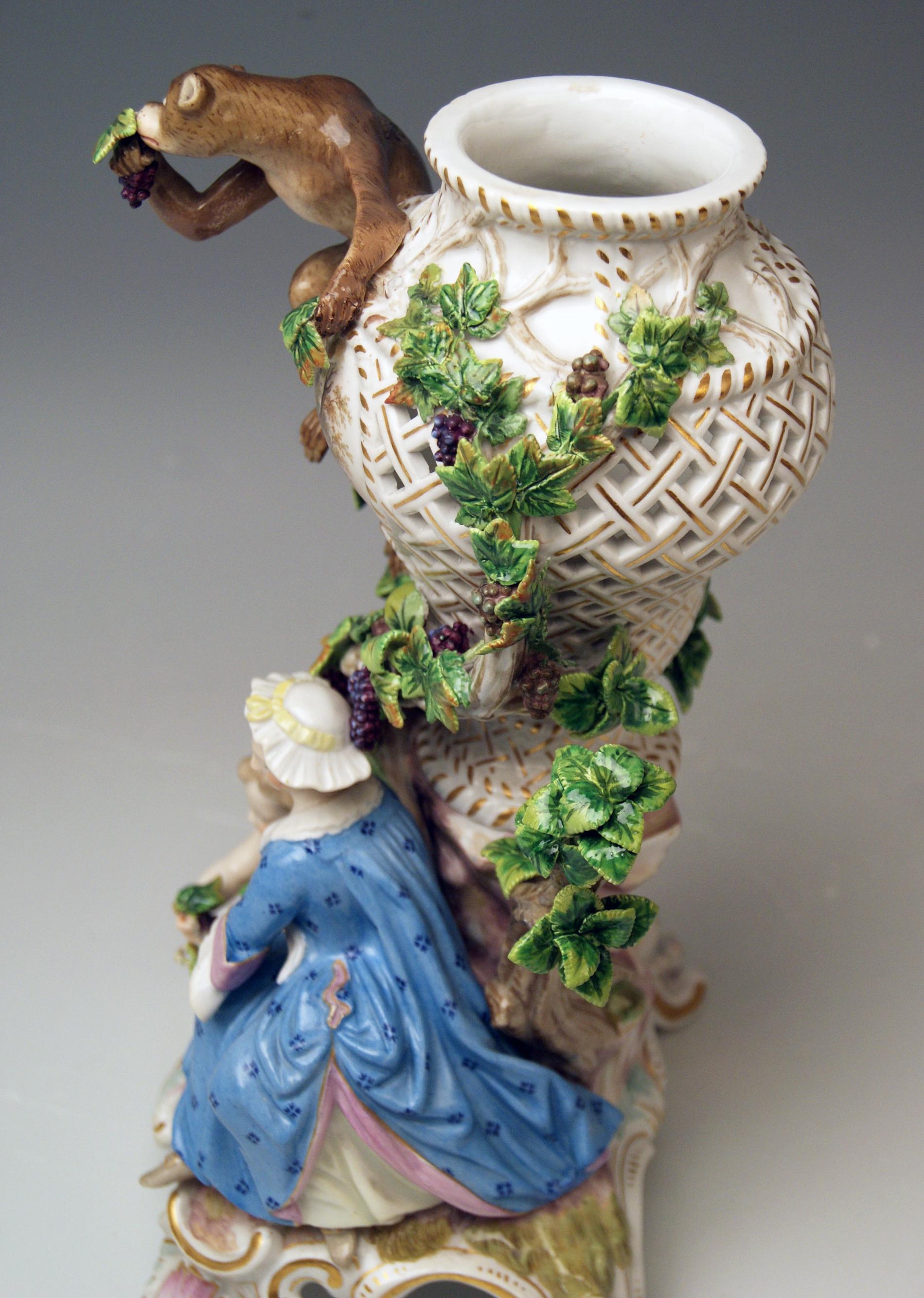 Mid-19th Century Meissen Potpourri Vase Wine Grapes Monkey Model 1002 by Eberlein Made circa 1860 For Sale