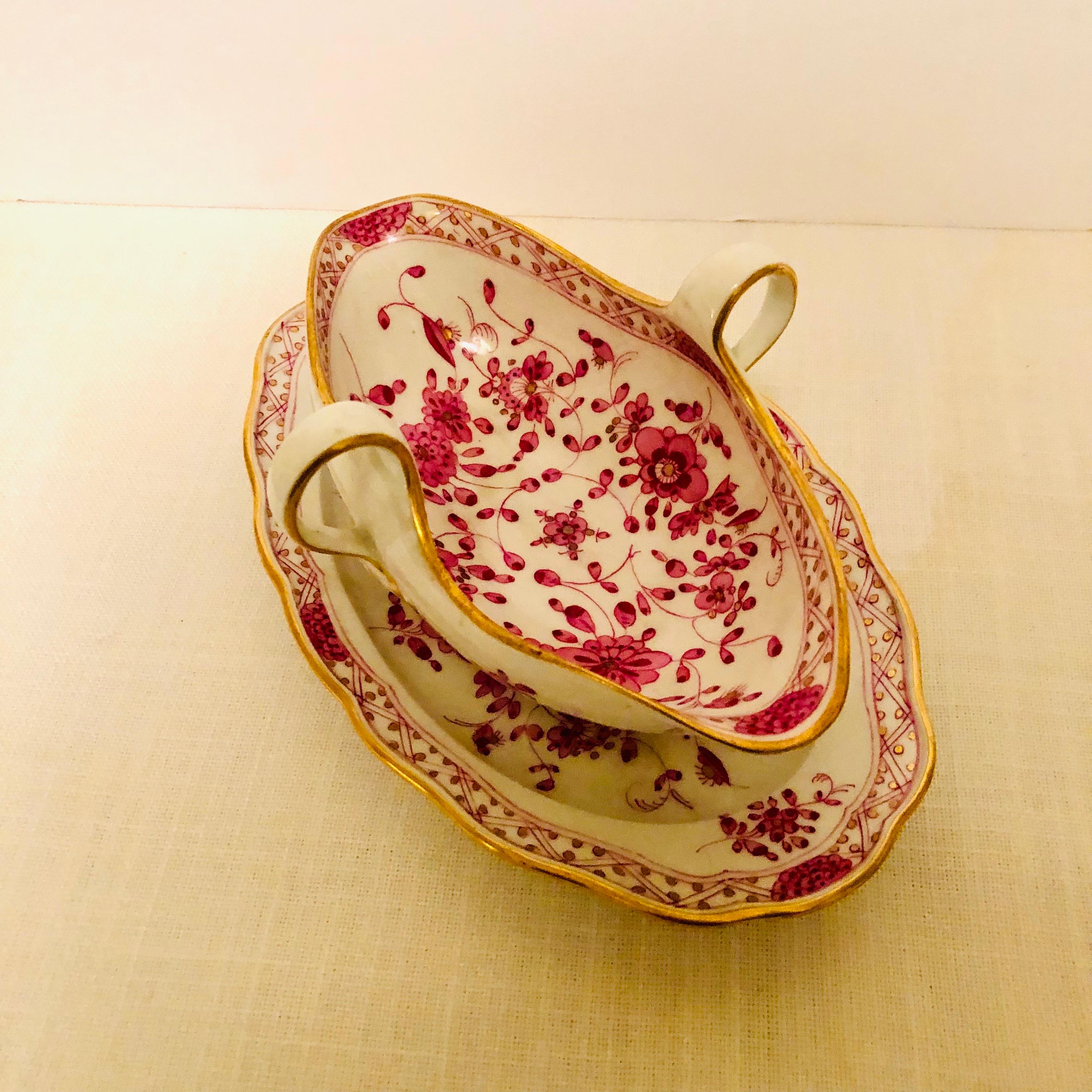 Hand-Painted Meissen Purple Indian Gravy with Attached Underplate from the Late 19th Century