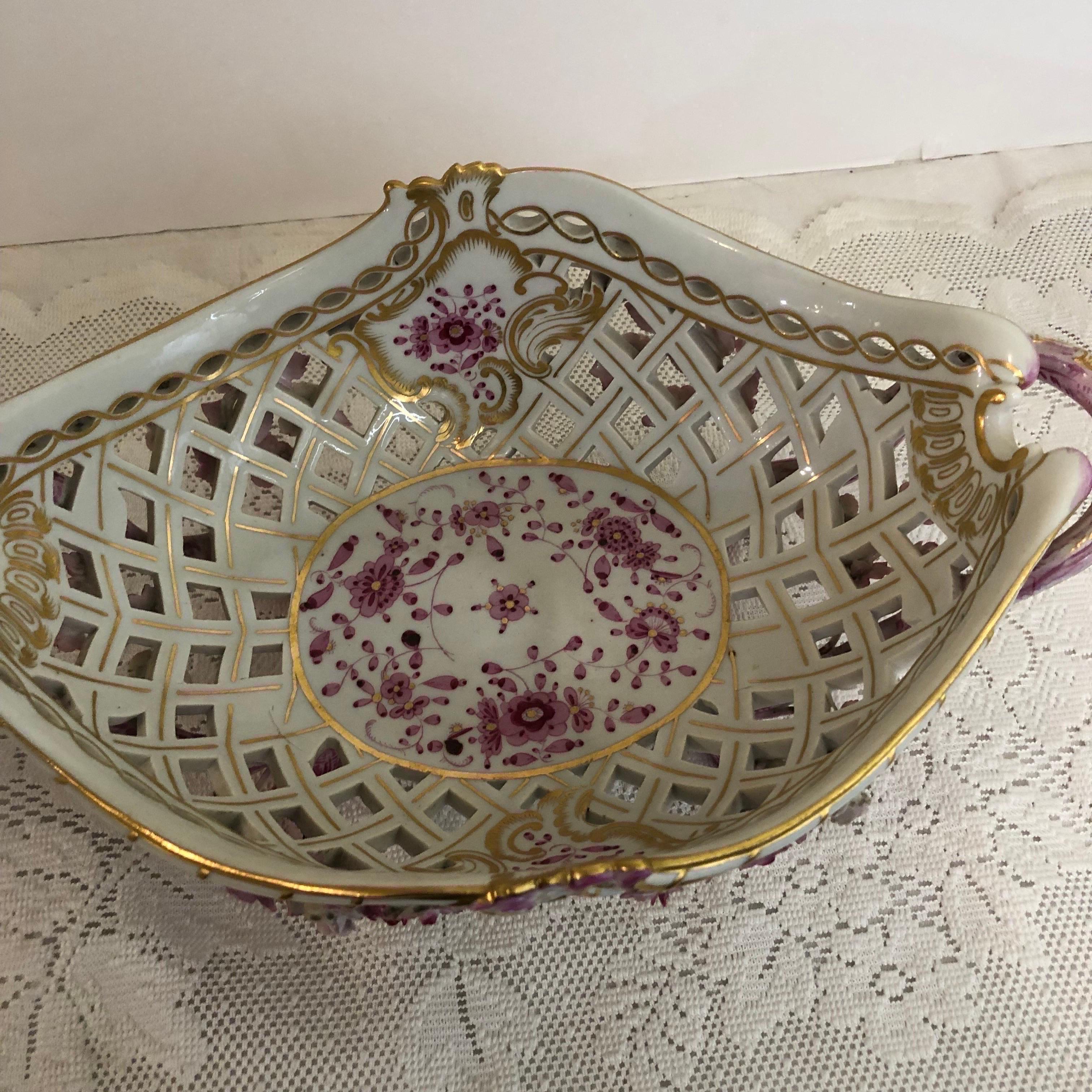 Meissen Purple Indian Reticulated Centerpiece Bowl Encrusted with Raised Flowers 2