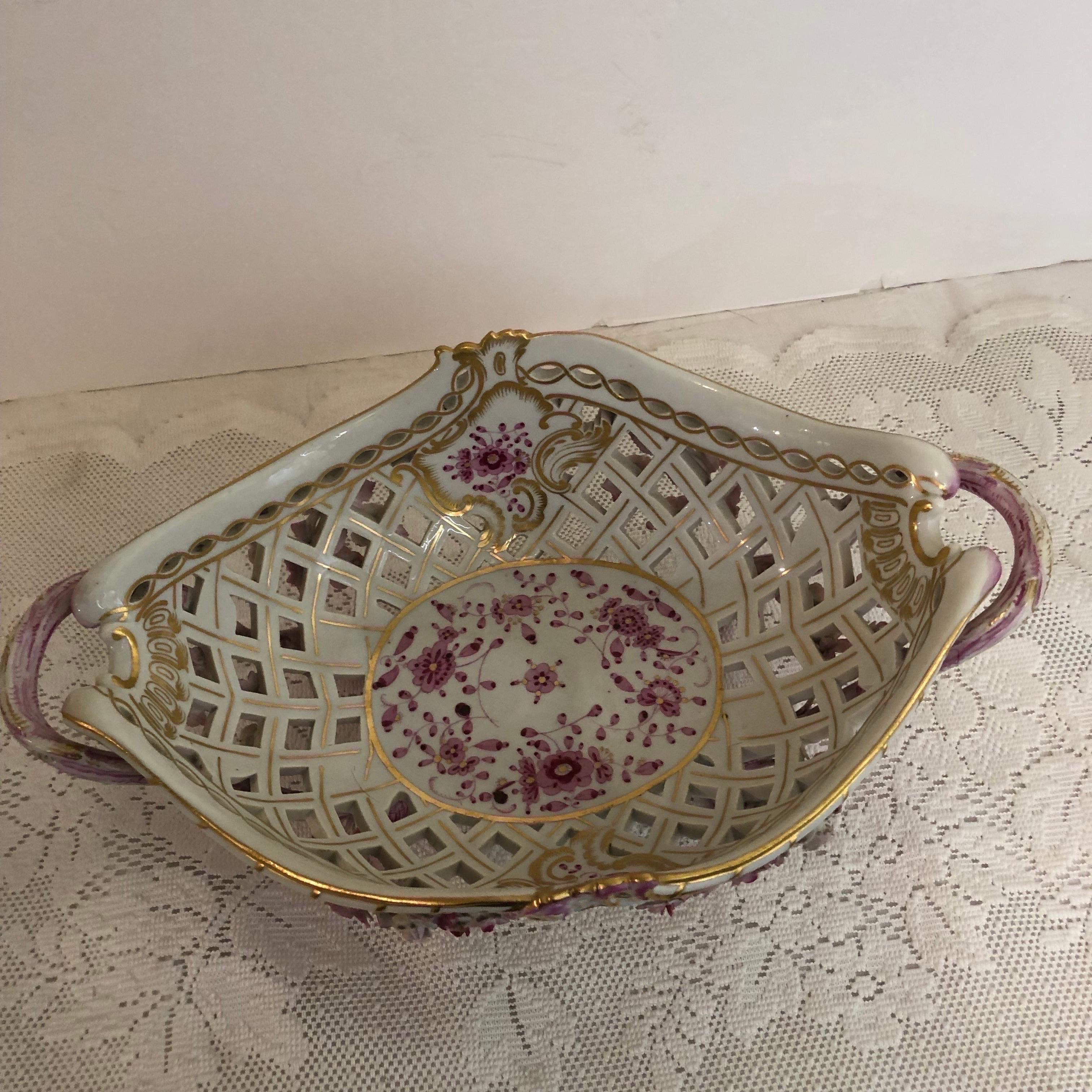 Meissen Purple Indian Reticulated Centerpiece Bowl Encrusted with Raised Flowers 9