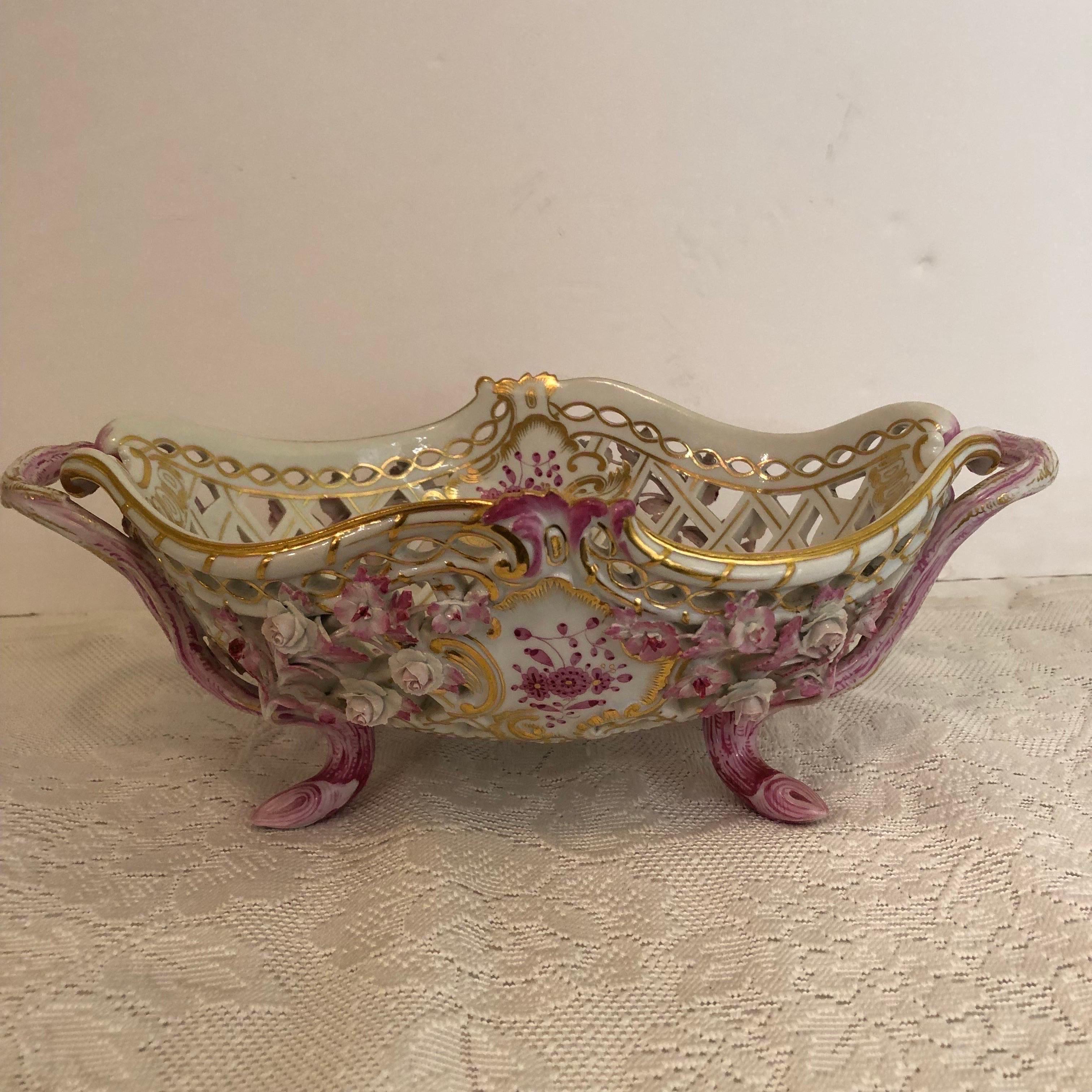 Rococo Meissen Purple Indian Reticulated Centerpiece Bowl Encrusted with Raised Flowers