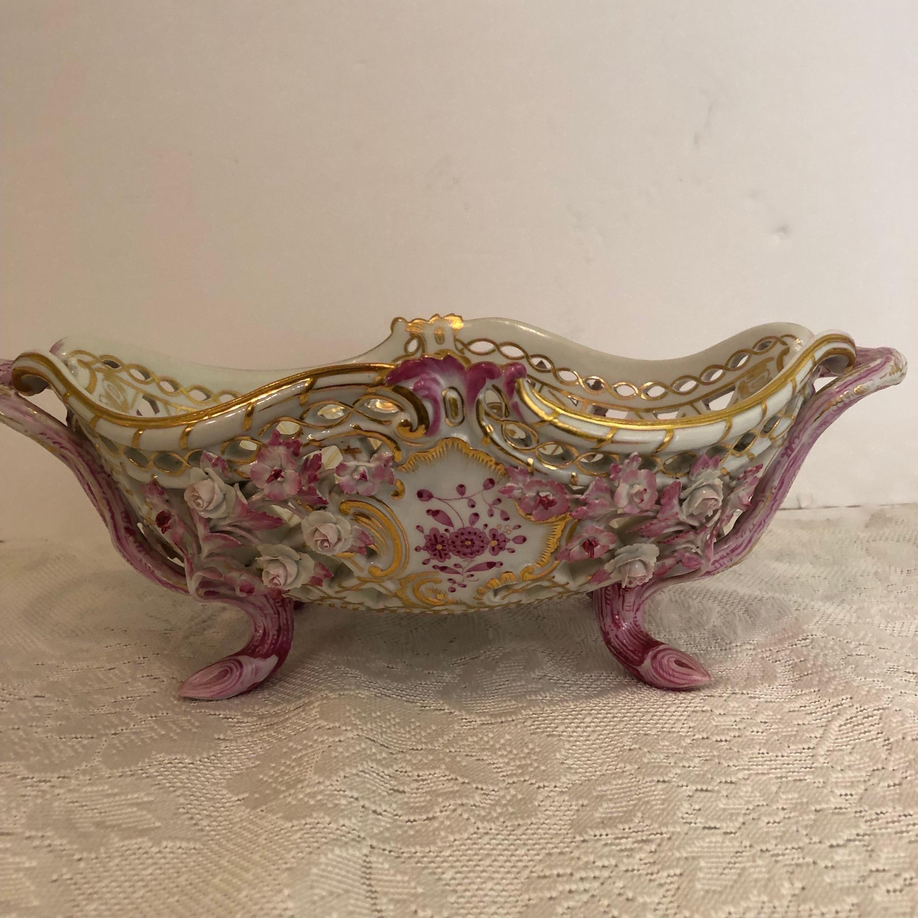 Gilt Meissen Purple Indian Reticulated Centerpiece Bowl Encrusted with Raised Flowers