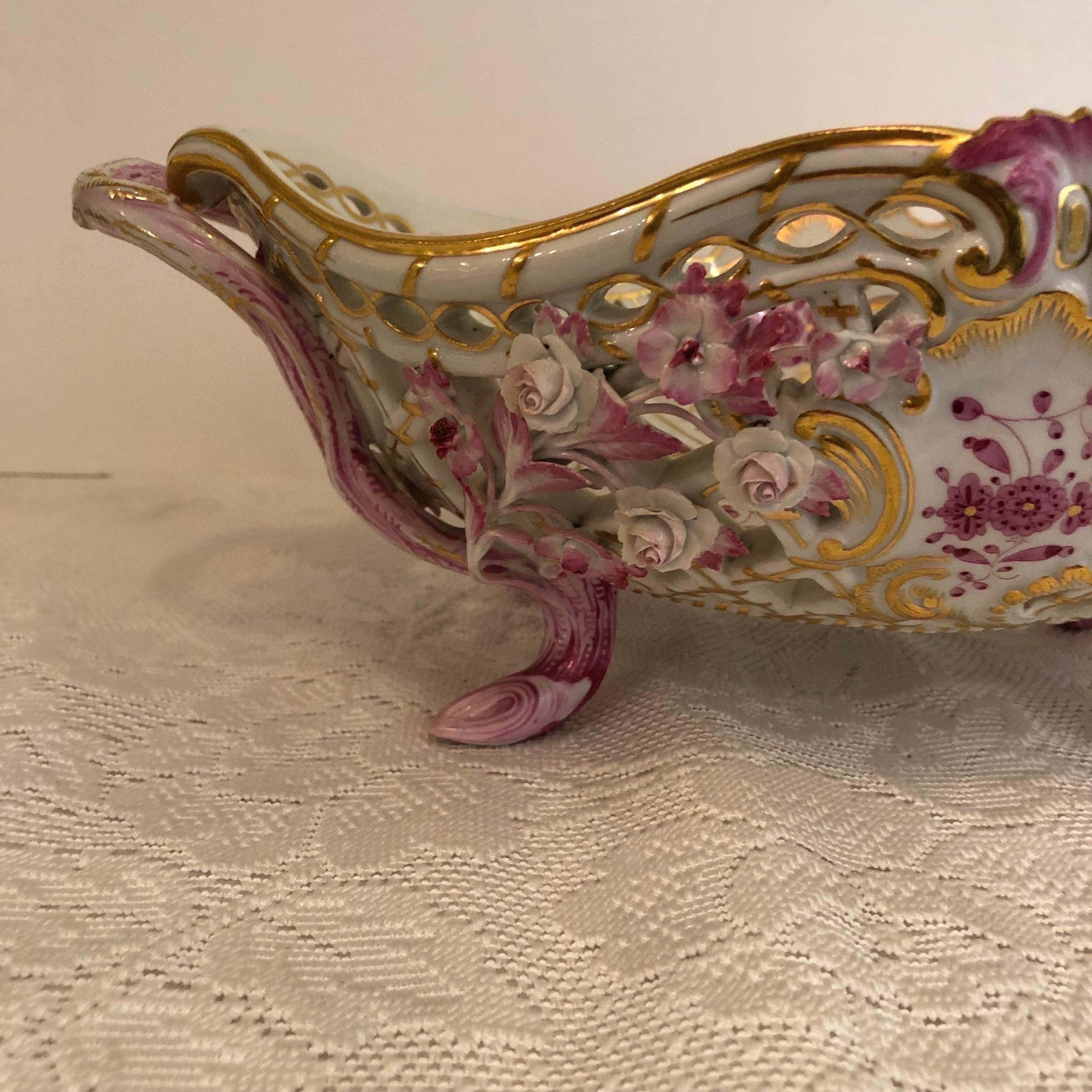 Meissen Purple Indian Reticulated Centerpiece Bowl Encrusted with Raised Flowers In Good Condition In Boston, MA
