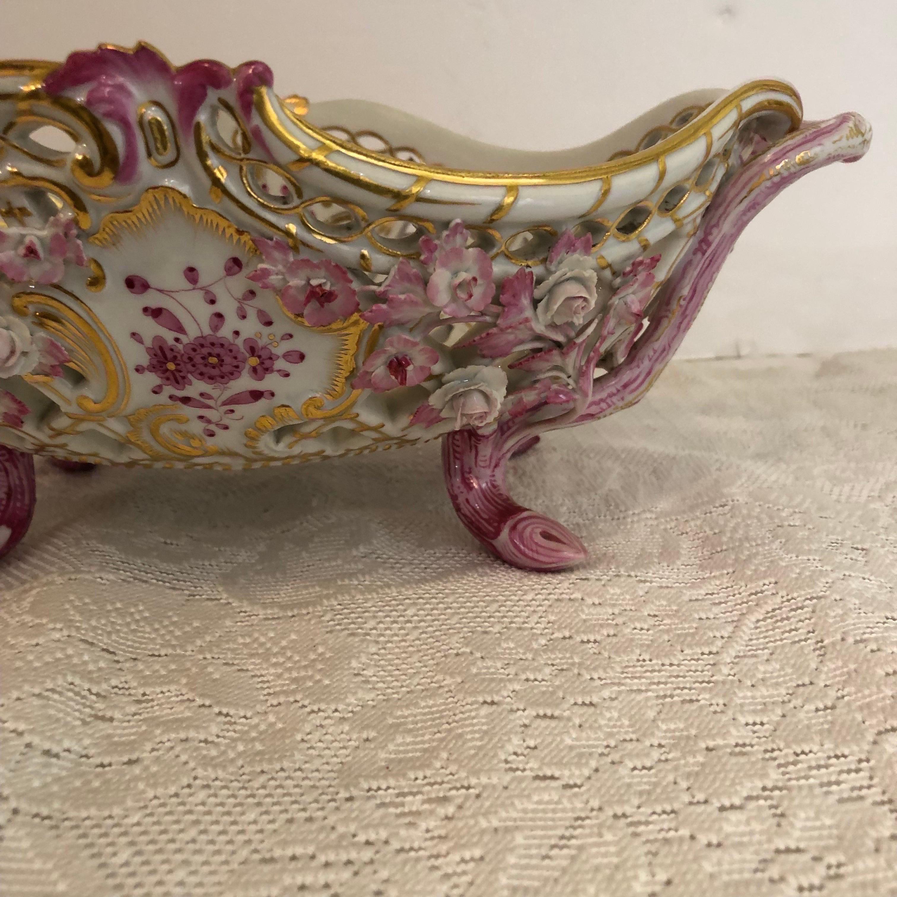 Late 19th Century Meissen Purple Indian Reticulated Centerpiece Bowl Encrusted with Raised Flowers