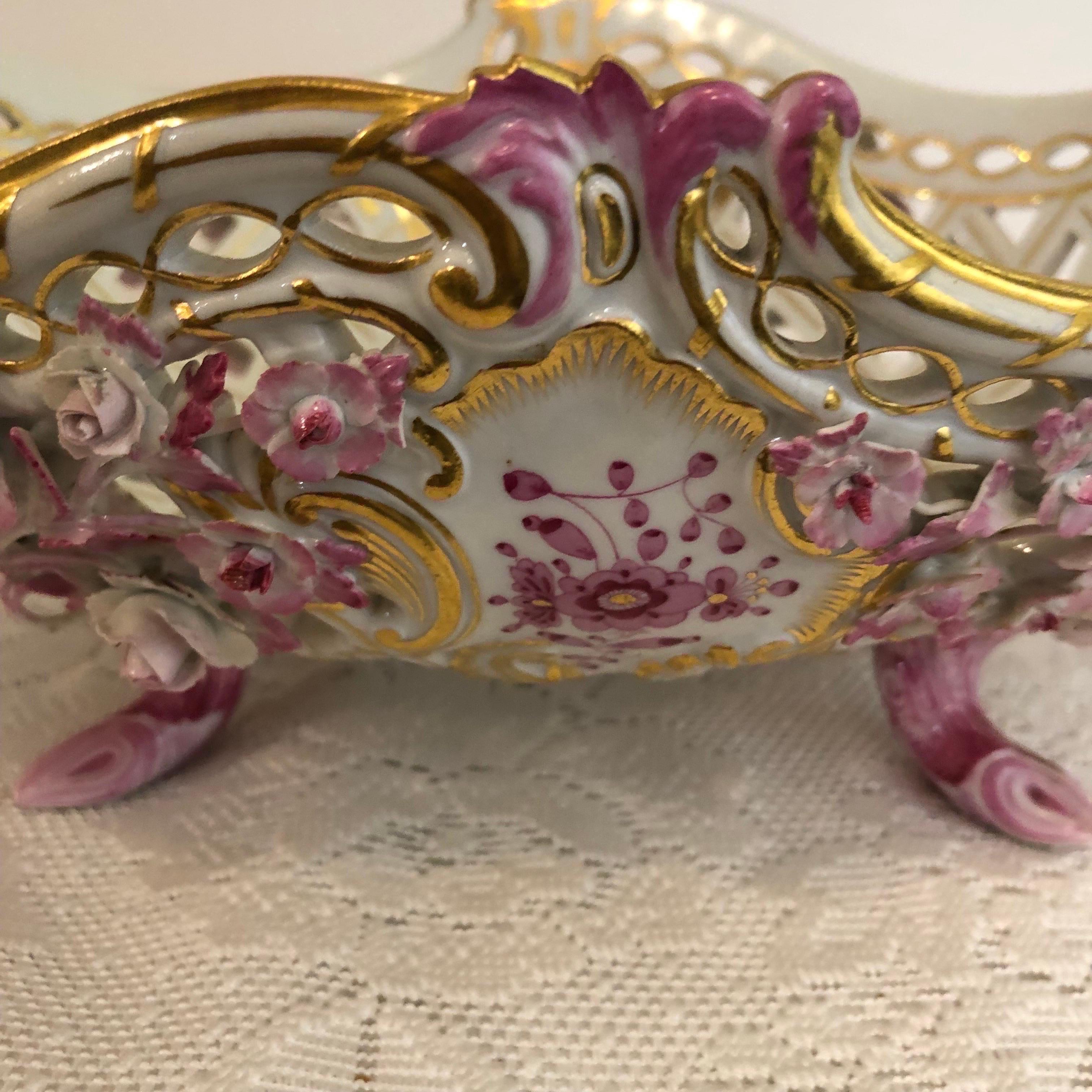 Porcelain Meissen Purple Indian Reticulated Centerpiece Bowl Encrusted with Raised Flowers