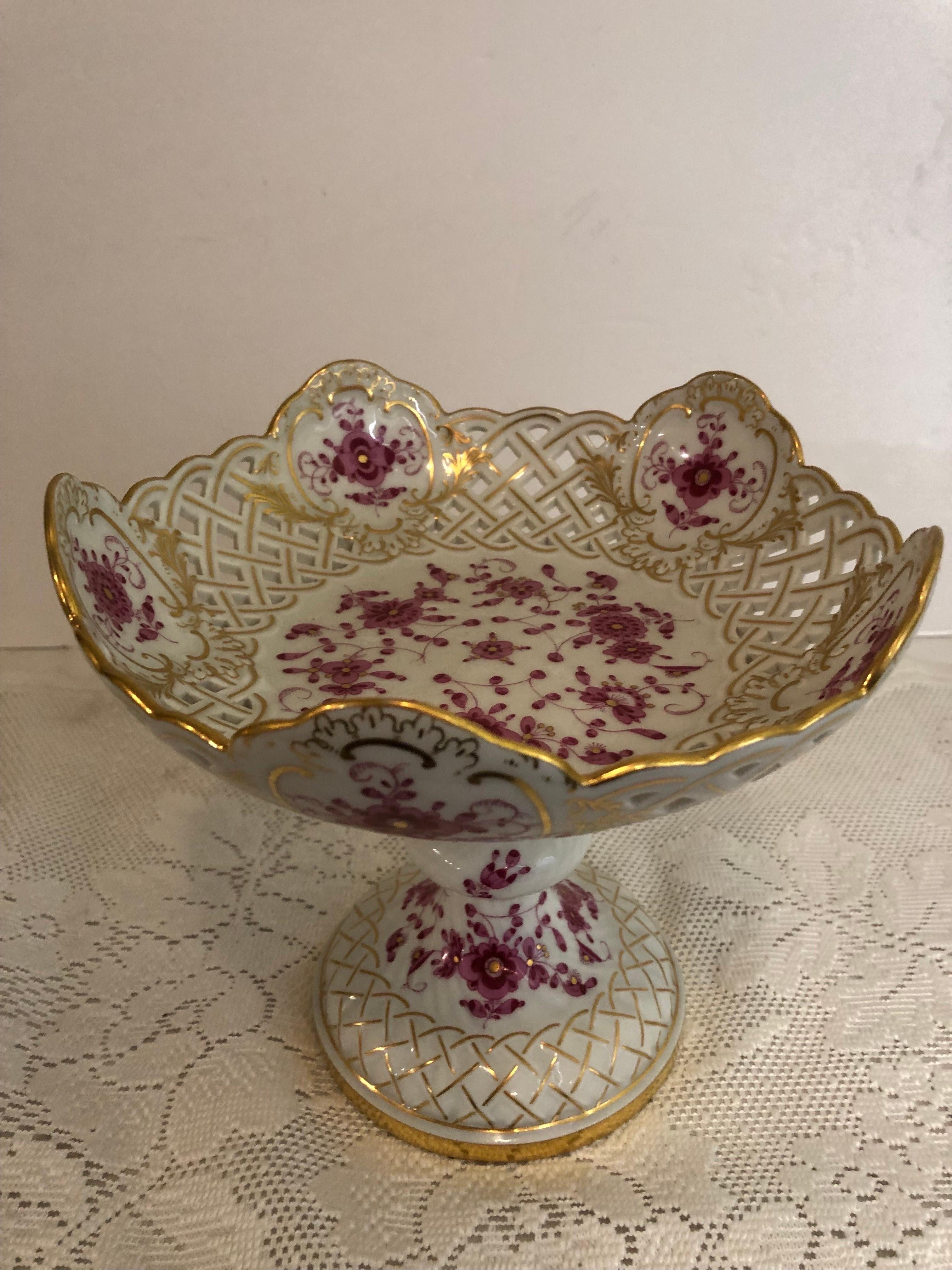 Meissen Purple Indian Reticulated Compote with Pink, Puce and Gold Decoration 2