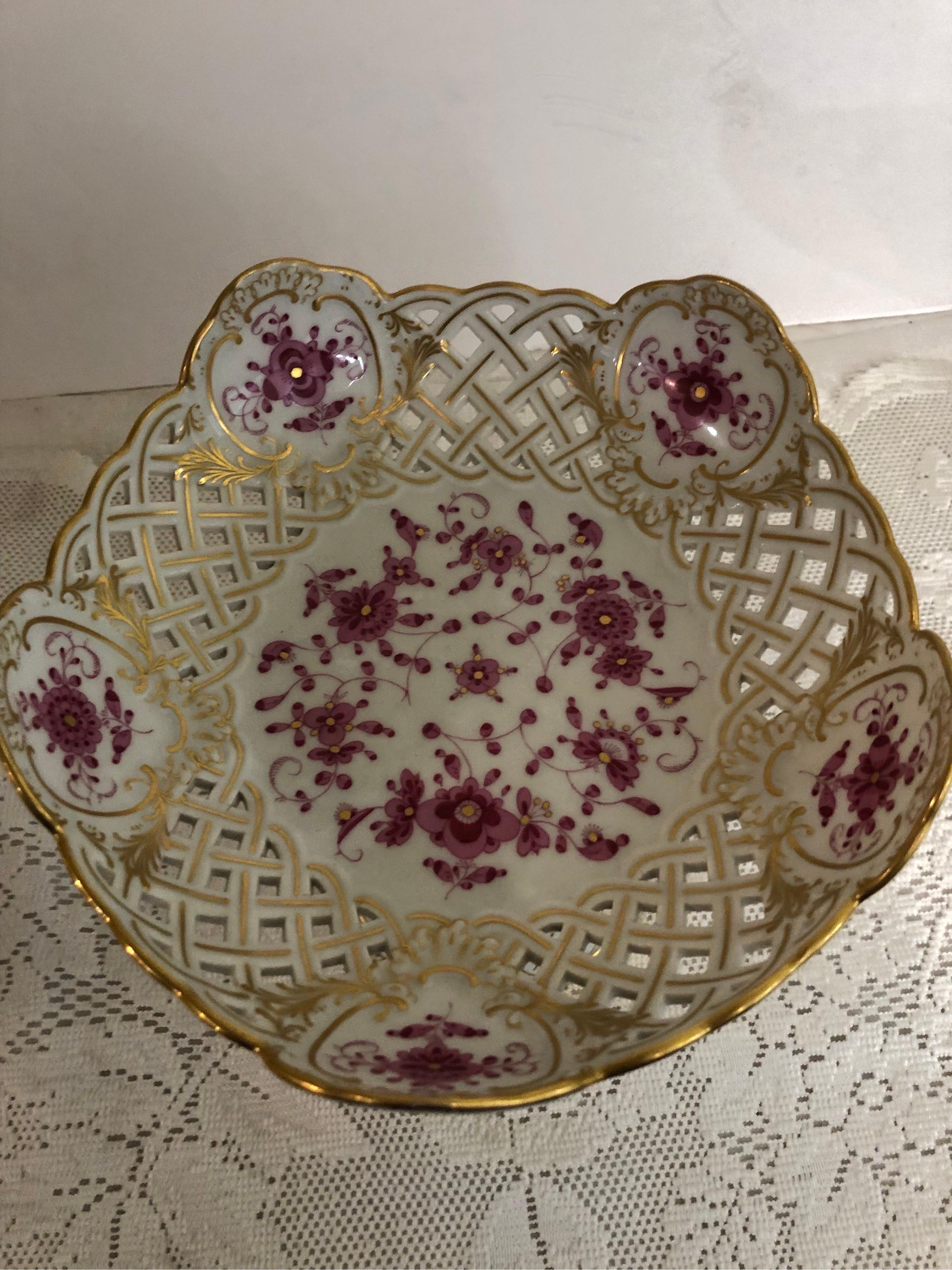 Meissen Purple Indian Reticulated Compote with Pink, Puce and Gold Decoration 5