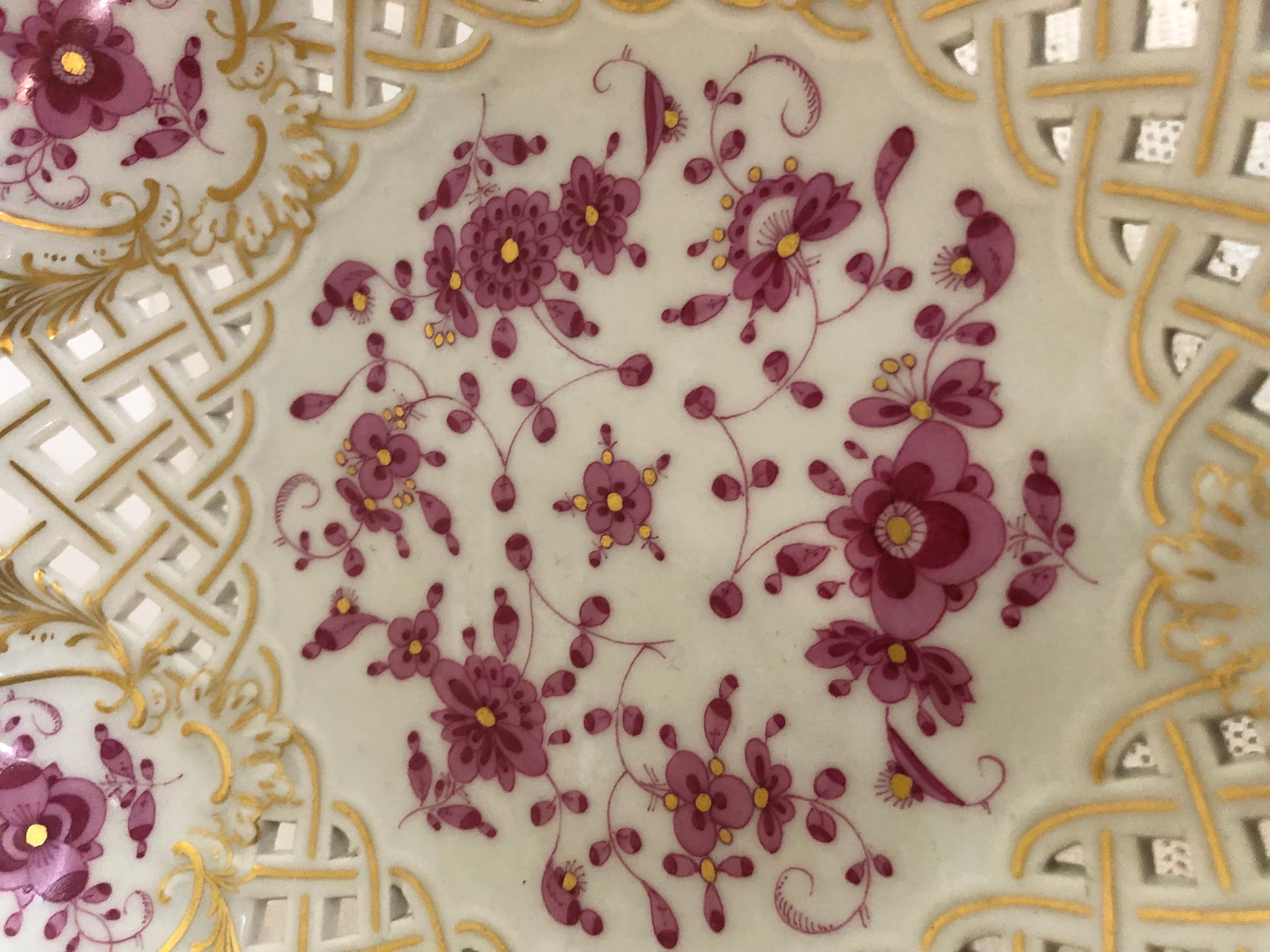 Rococo Meissen Purple Indian Reticulated Compote with Pink, Puce and Gold Decoration