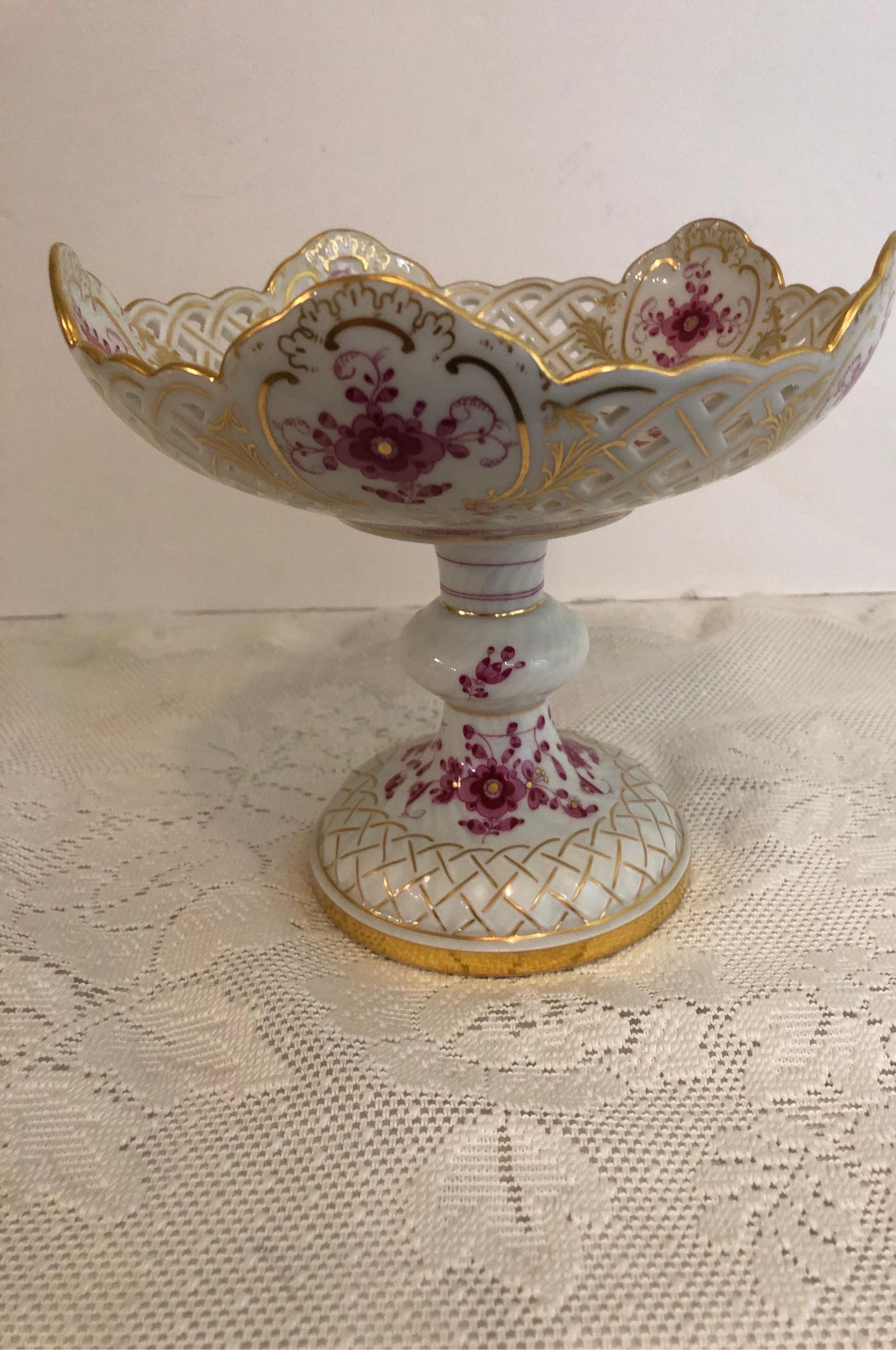 German Meissen Purple Indian Reticulated Compote with Pink, Puce and Gold Decoration