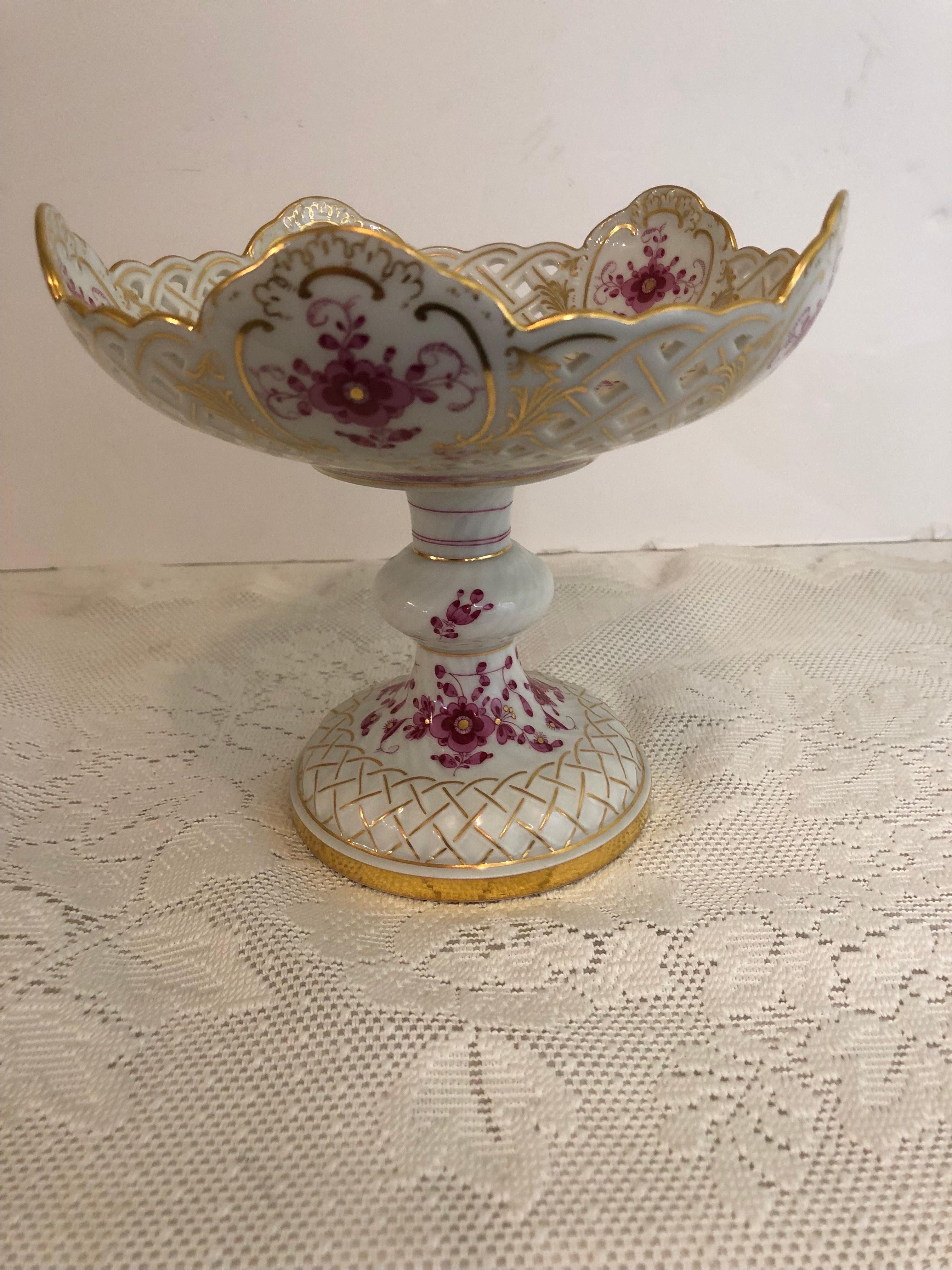 Hand-Painted Meissen Purple Indian Reticulated Compote with Pink, Puce and Gold Decoration
