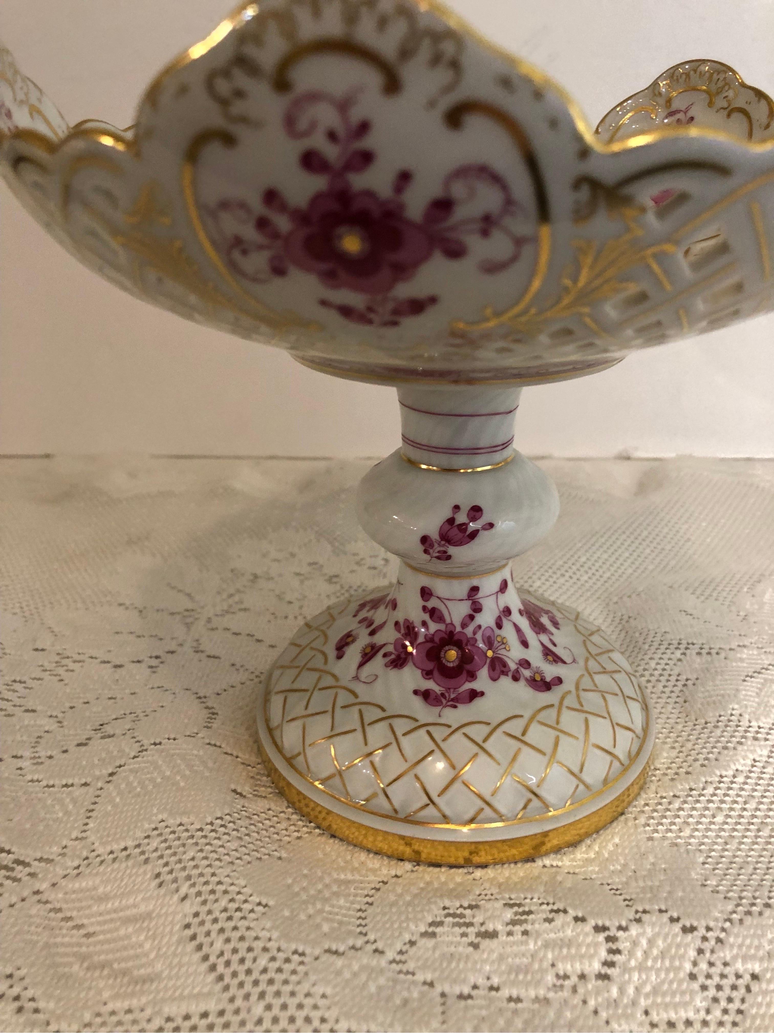 Late 19th Century Meissen Purple Indian Reticulated Compote with Pink, Puce and Gold Decoration