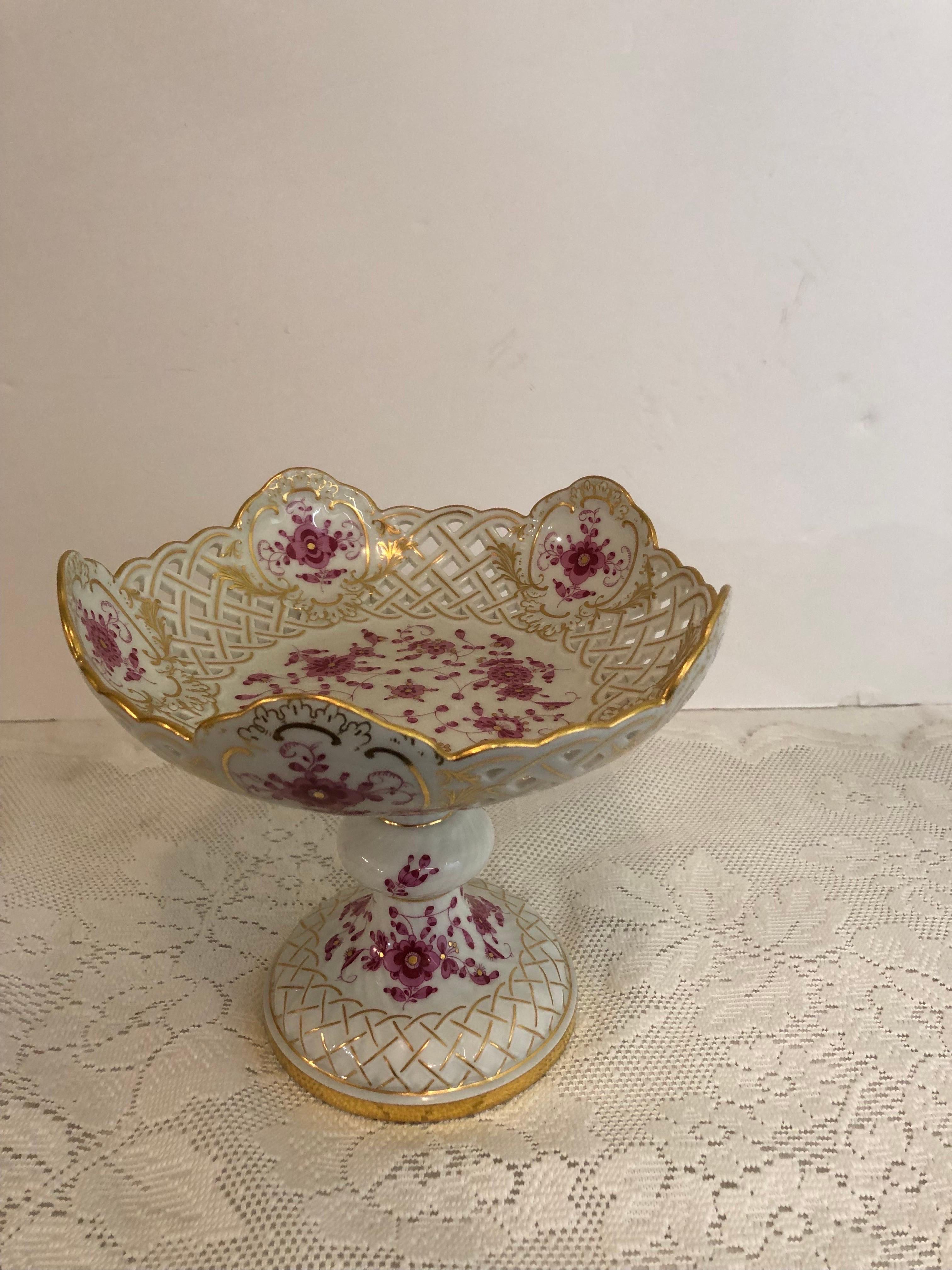 Porcelain Meissen Purple Indian Reticulated Compote with Pink, Puce and Gold Decoration