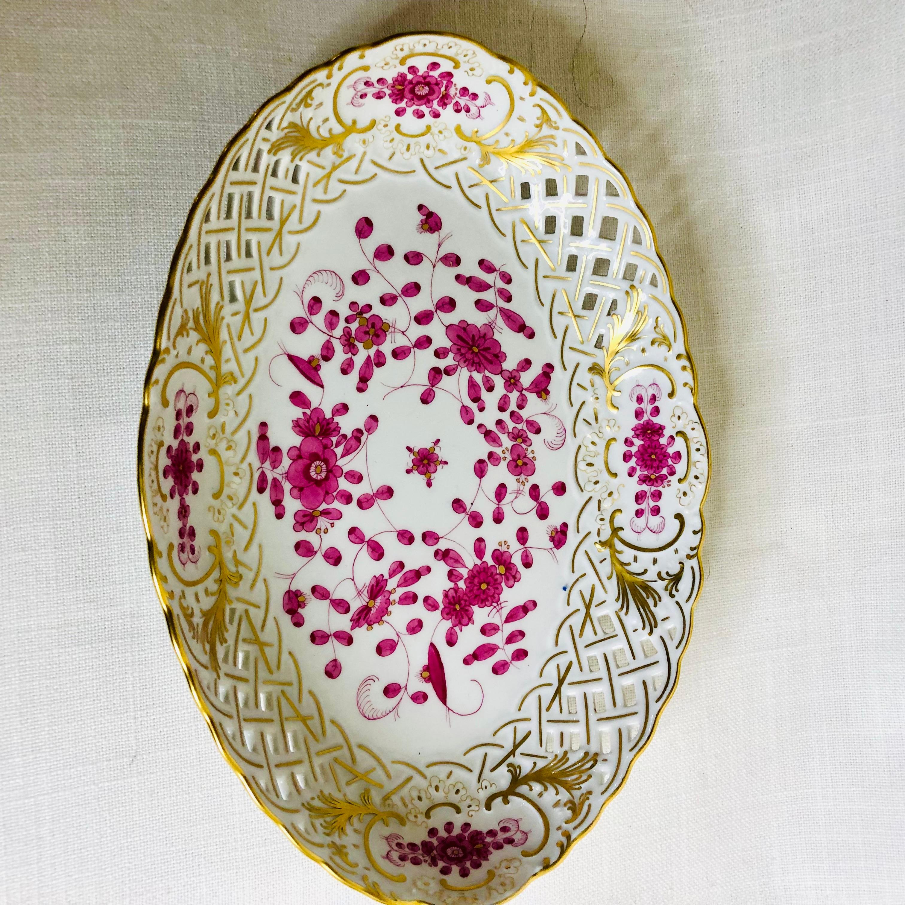 Rococo Meissen Purple Indian Reticulated Oval Serving Bowl With Gold Accents