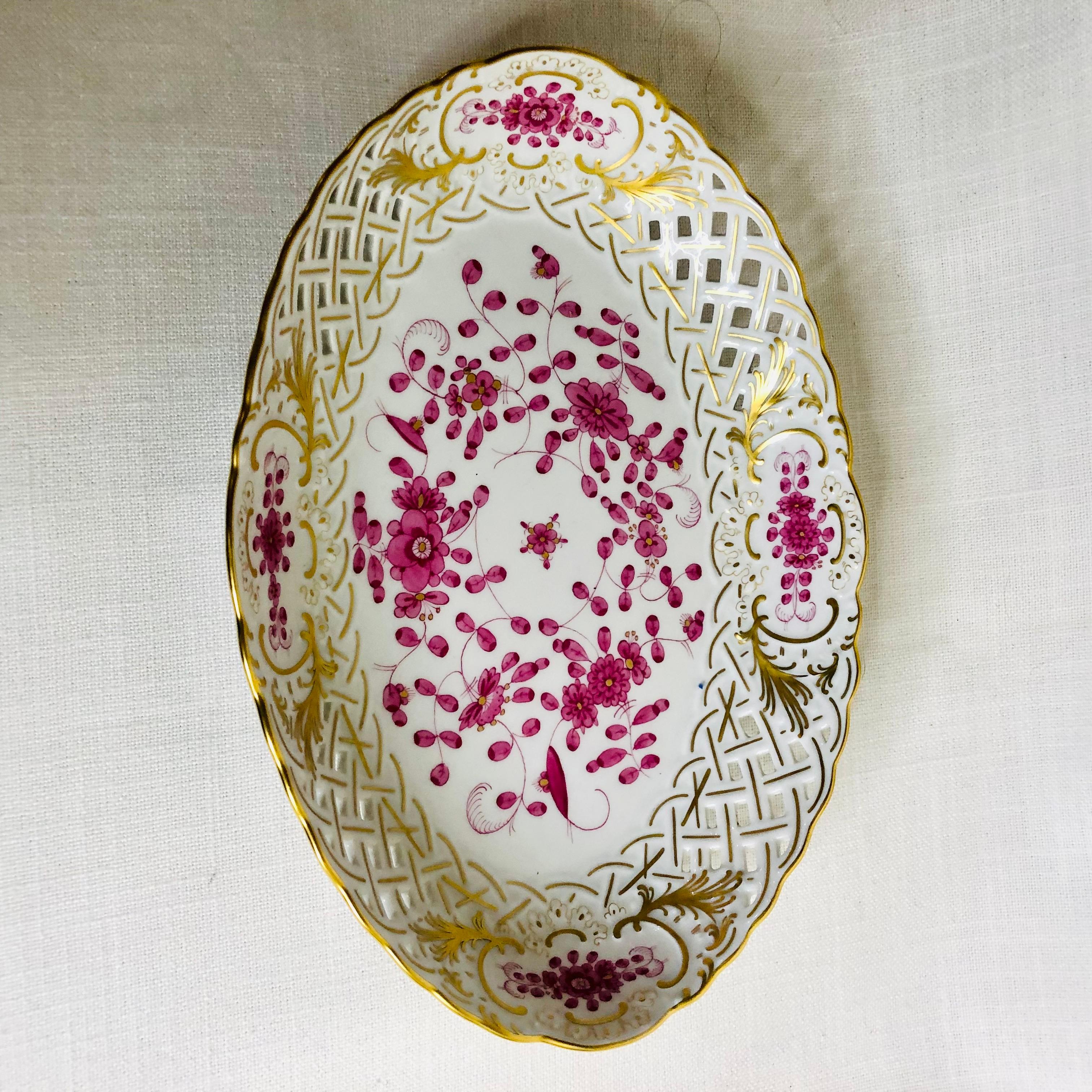 German Meissen Purple Indian Reticulated Oval Serving Bowl With Gold Accents