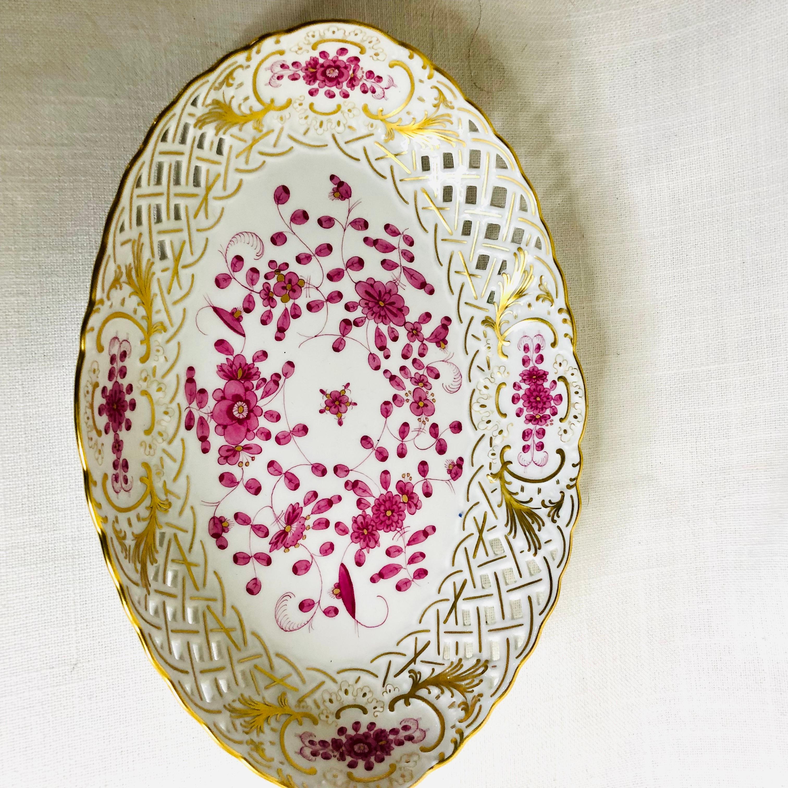 Hand-Painted Meissen Purple Indian Reticulated Oval Serving Bowl With Gold Accents