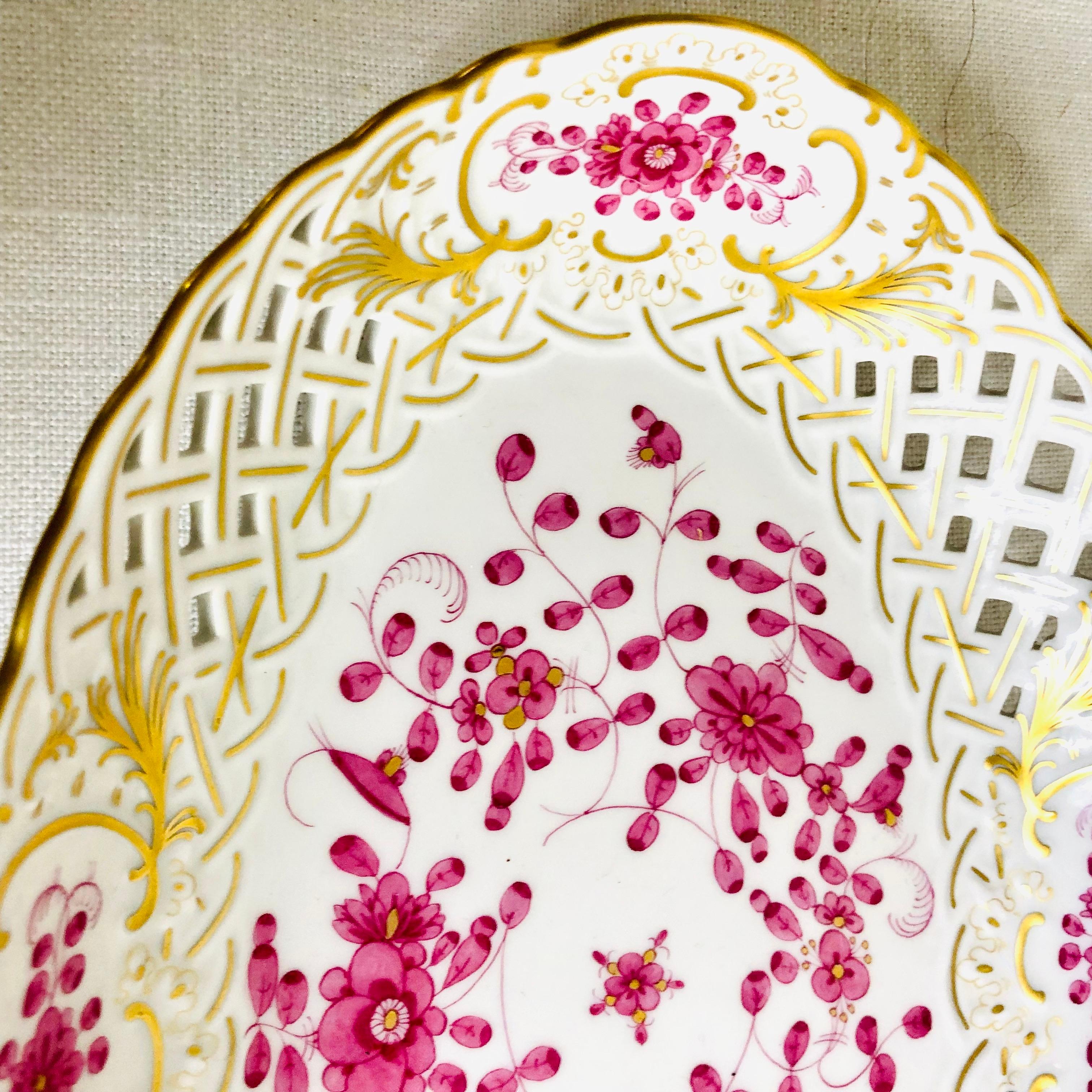 Mid-20th Century Meissen Purple Indian Reticulated Oval Serving Bowl With Gold Accents