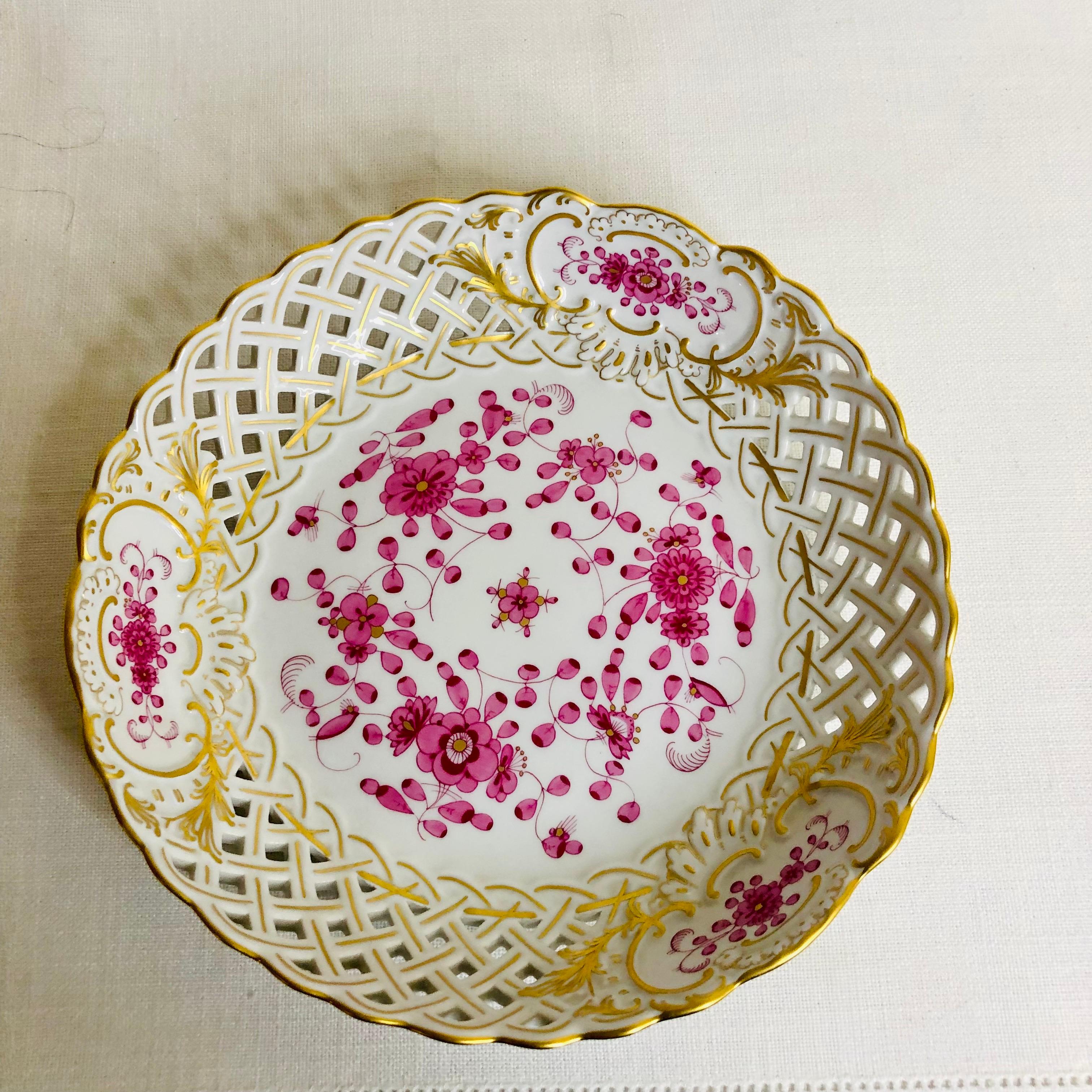 Rococo Meissen Purple Indian Round Reticulated Serving Bowl with Gold Accents